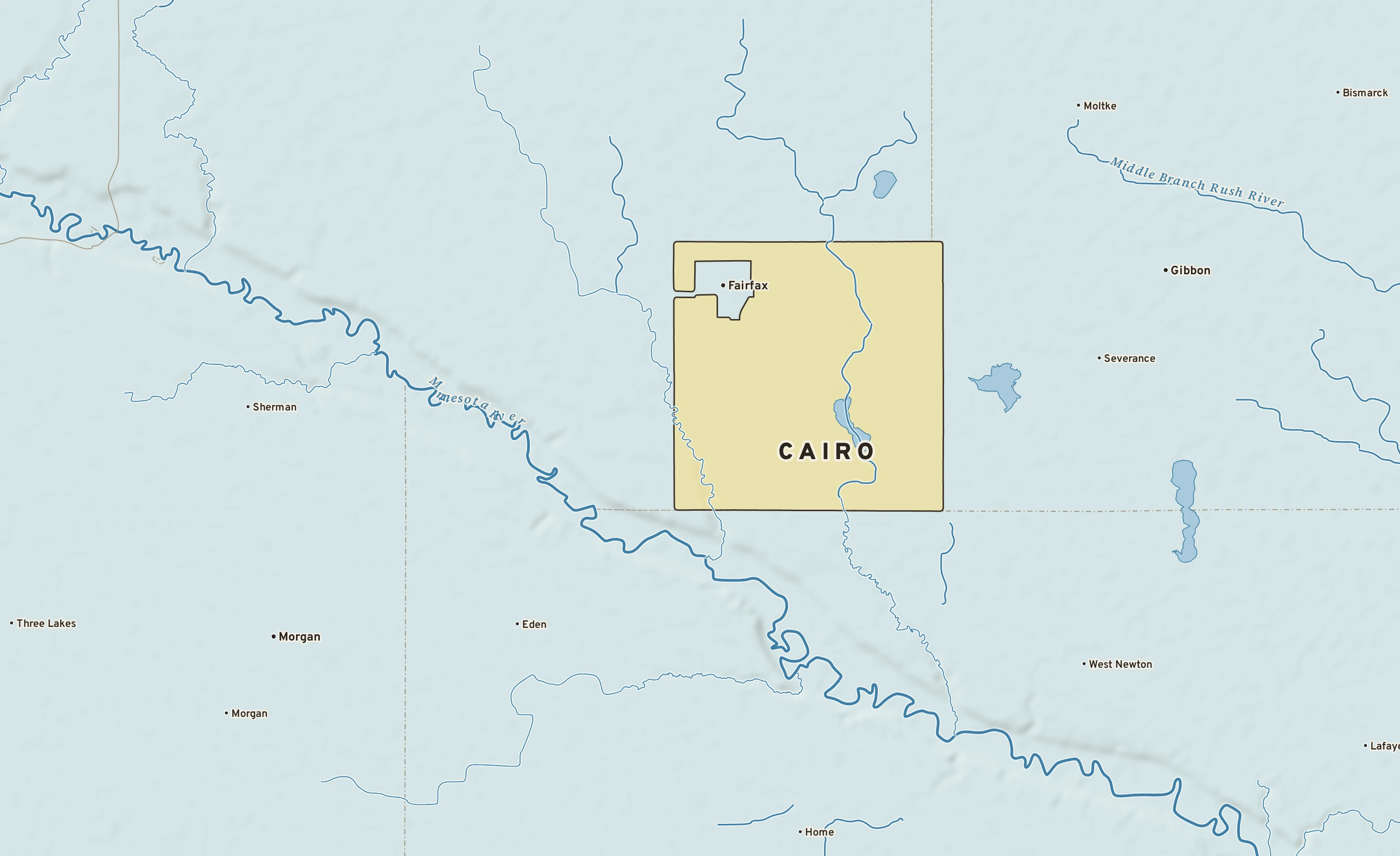 Shaded-relief atlas plate of Cairo, Minnesota: rivers, roads, the city limits and where the water drains.