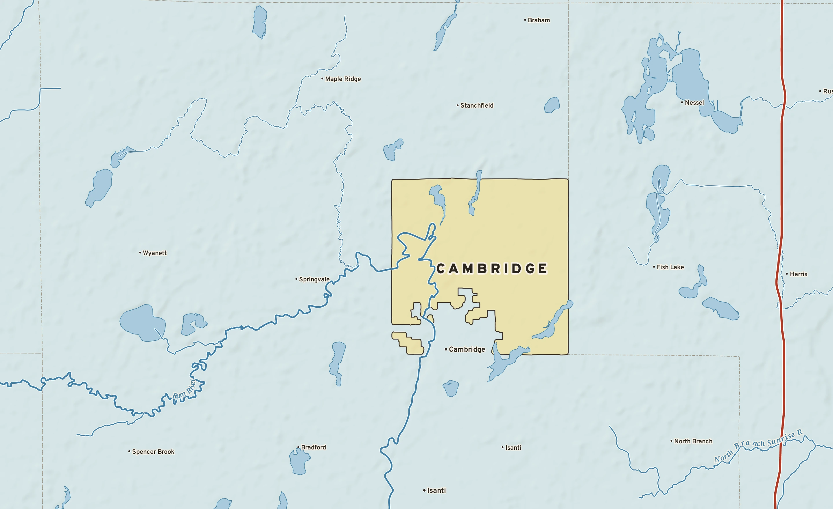 Shaded-relief atlas plate of Cambridge, Minnesota: rivers, roads, the city limits and where the water drains.