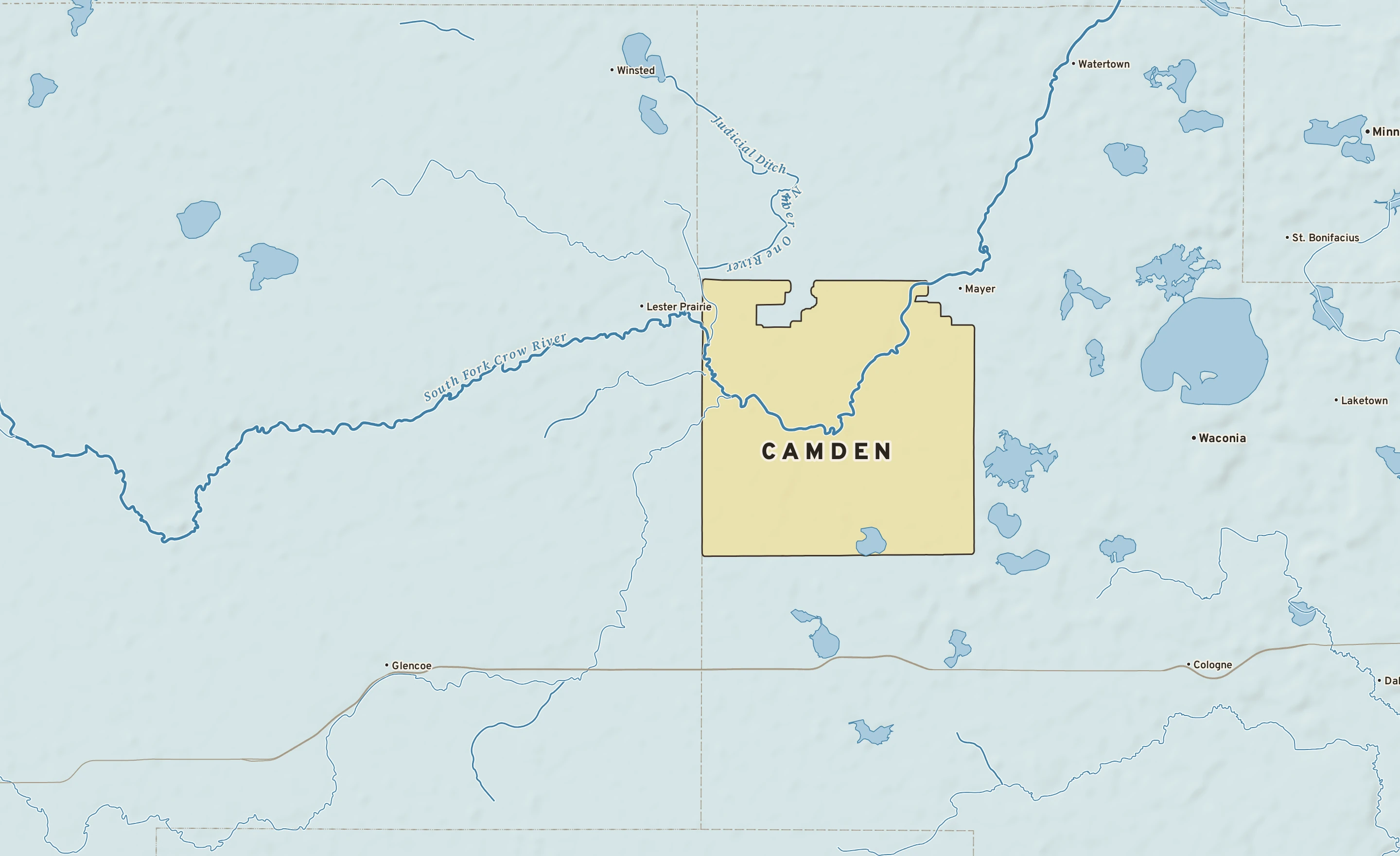 Shaded-relief atlas plate of Camden, Minnesota: rivers, roads, the city limits and where the water drains.