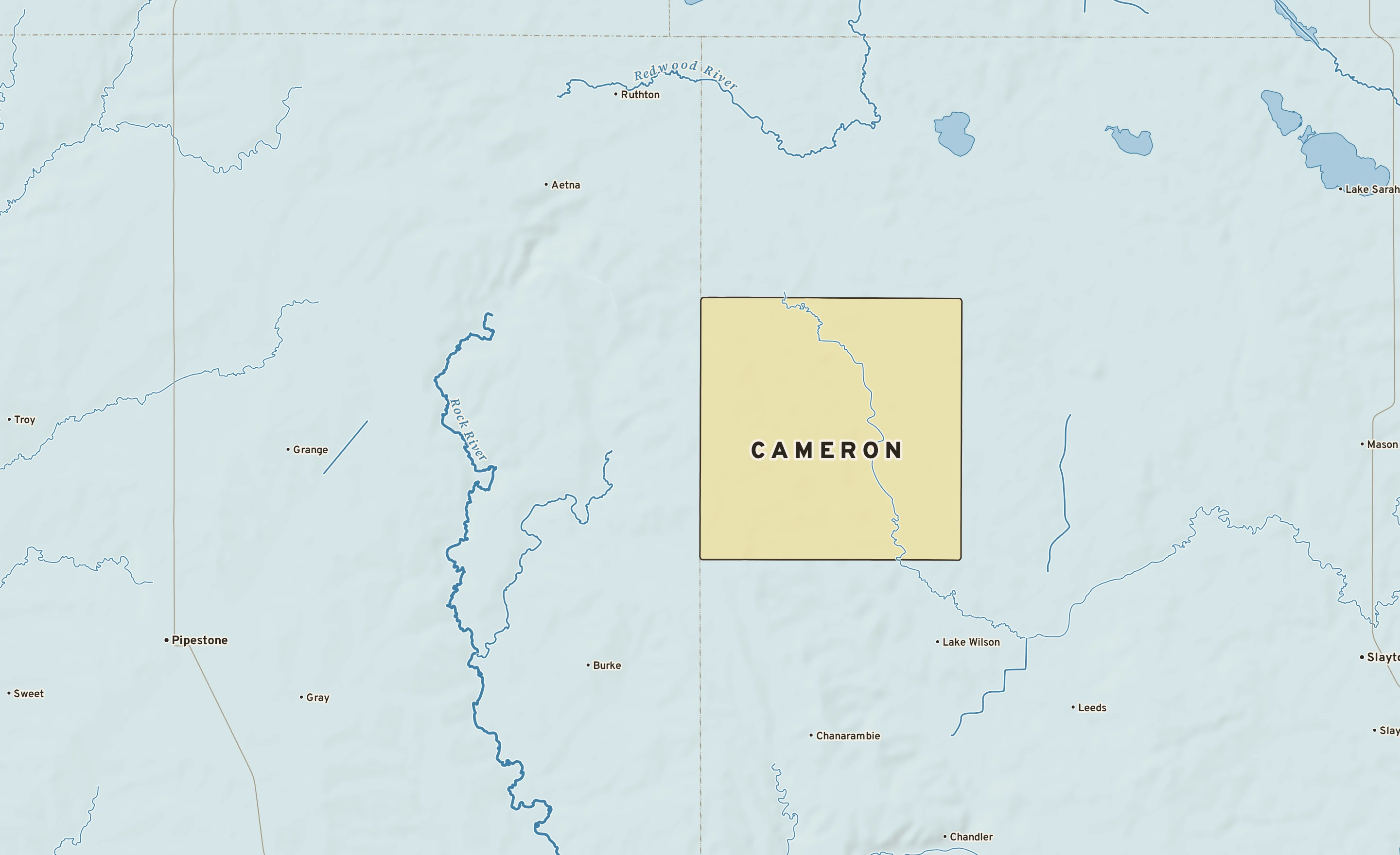 Shaded-relief atlas plate of Cameron, Minnesota: rivers, roads, the city limits and where the water drains.