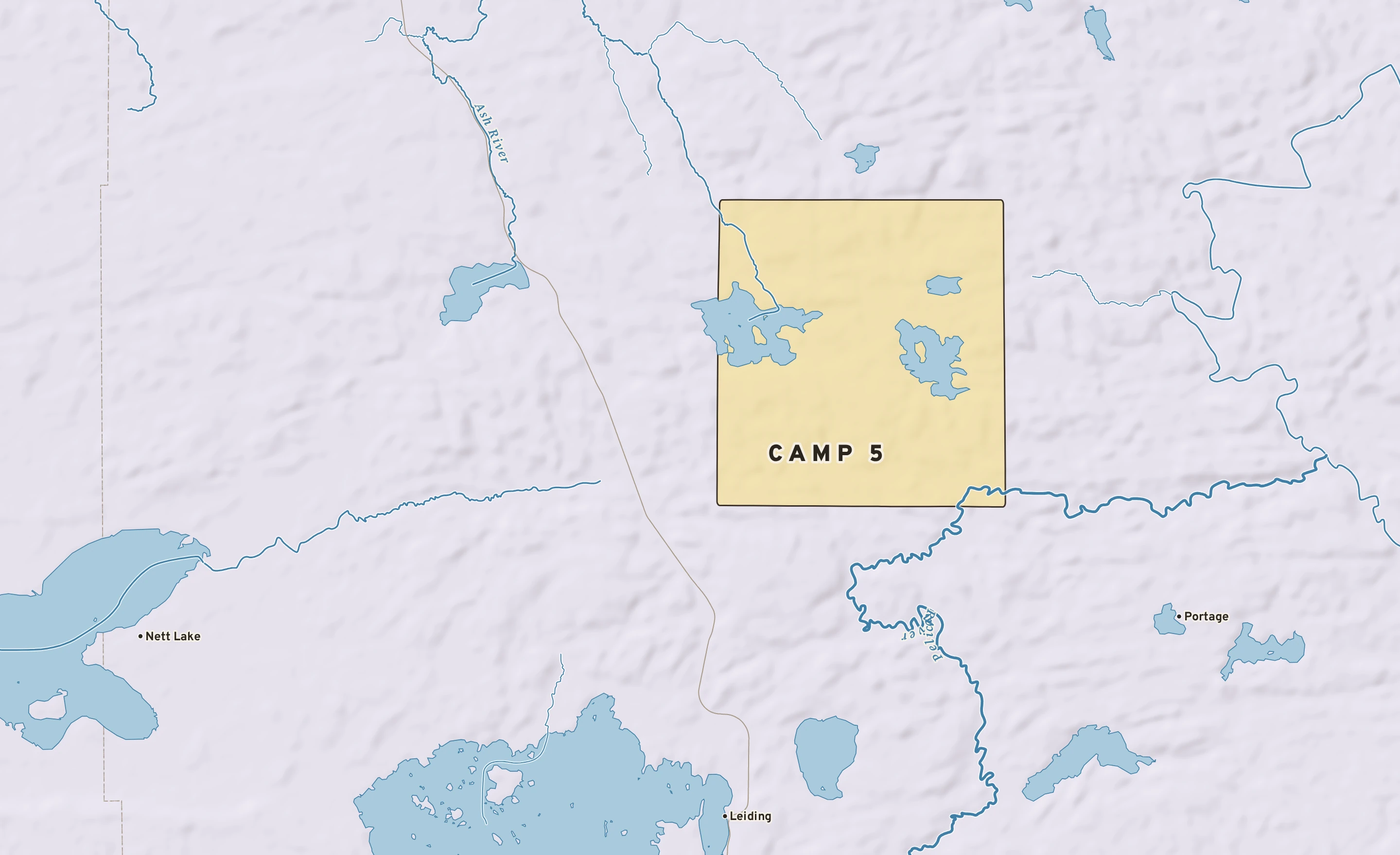 Shaded-relief atlas plate of Camp 5, Minnesota: rivers, roads, the city limits and where the water drains.