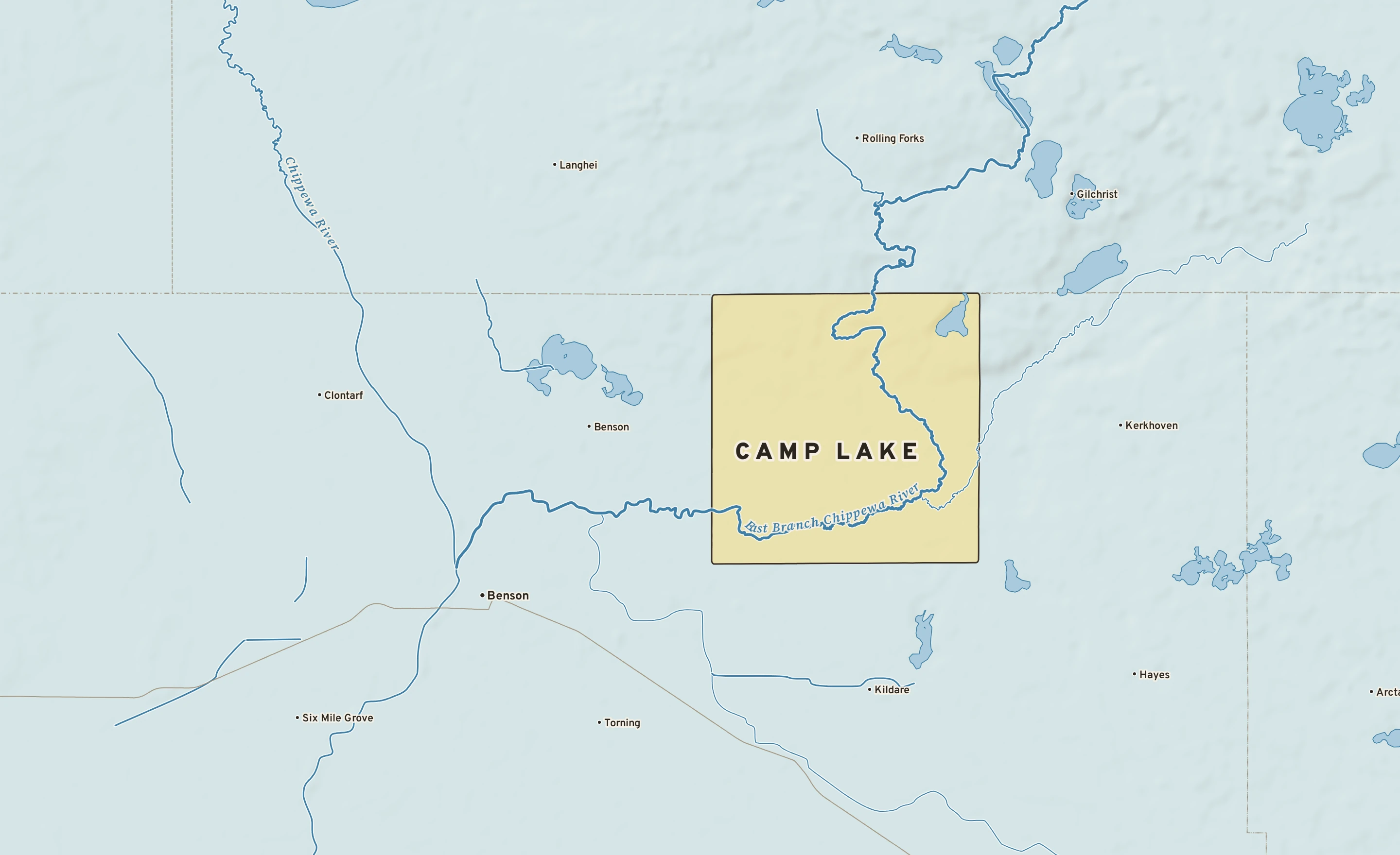 Shaded-relief atlas plate of Camp Lake, Minnesota: rivers, roads, the city limits and where the water drains.