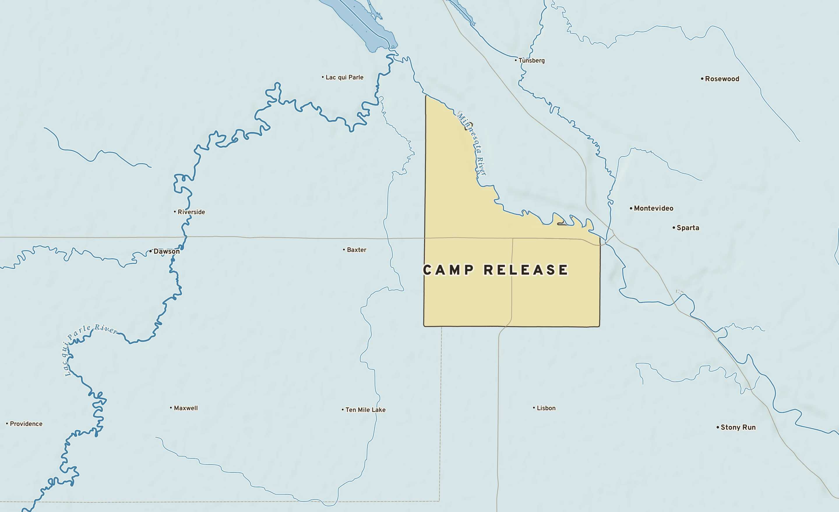 Shaded-relief atlas plate of Camp Release, Minnesota: rivers, roads, the city limits and where the water drains.