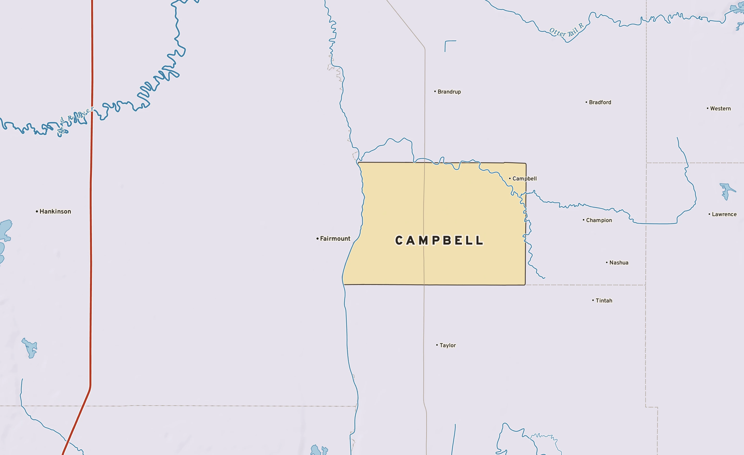 Shaded-relief atlas plate of Campbell, Minnesota: rivers, roads, the city limits and where the water drains.