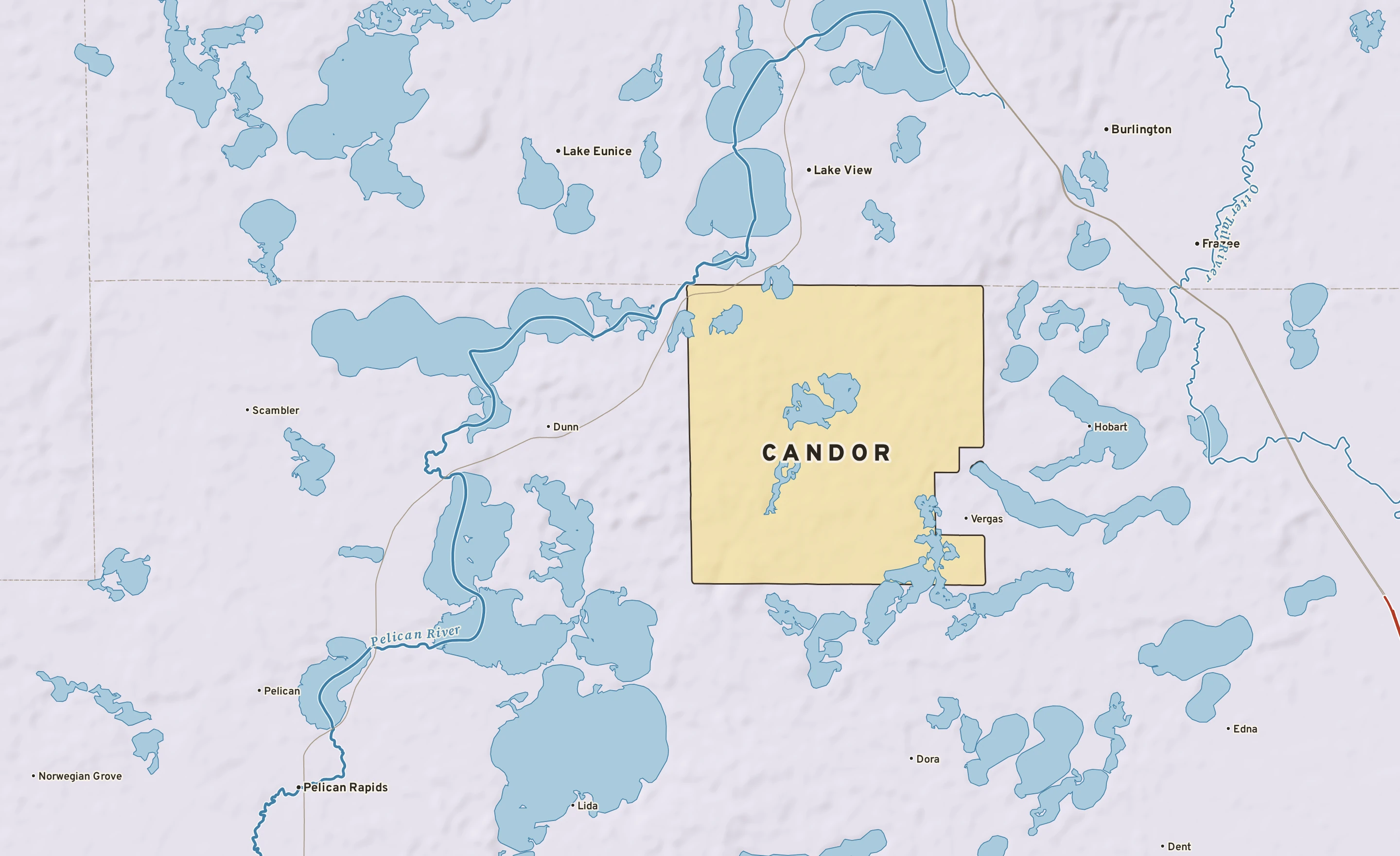 Shaded-relief atlas plate of Candor, Minnesota: rivers, roads, the city limits and where the water drains.