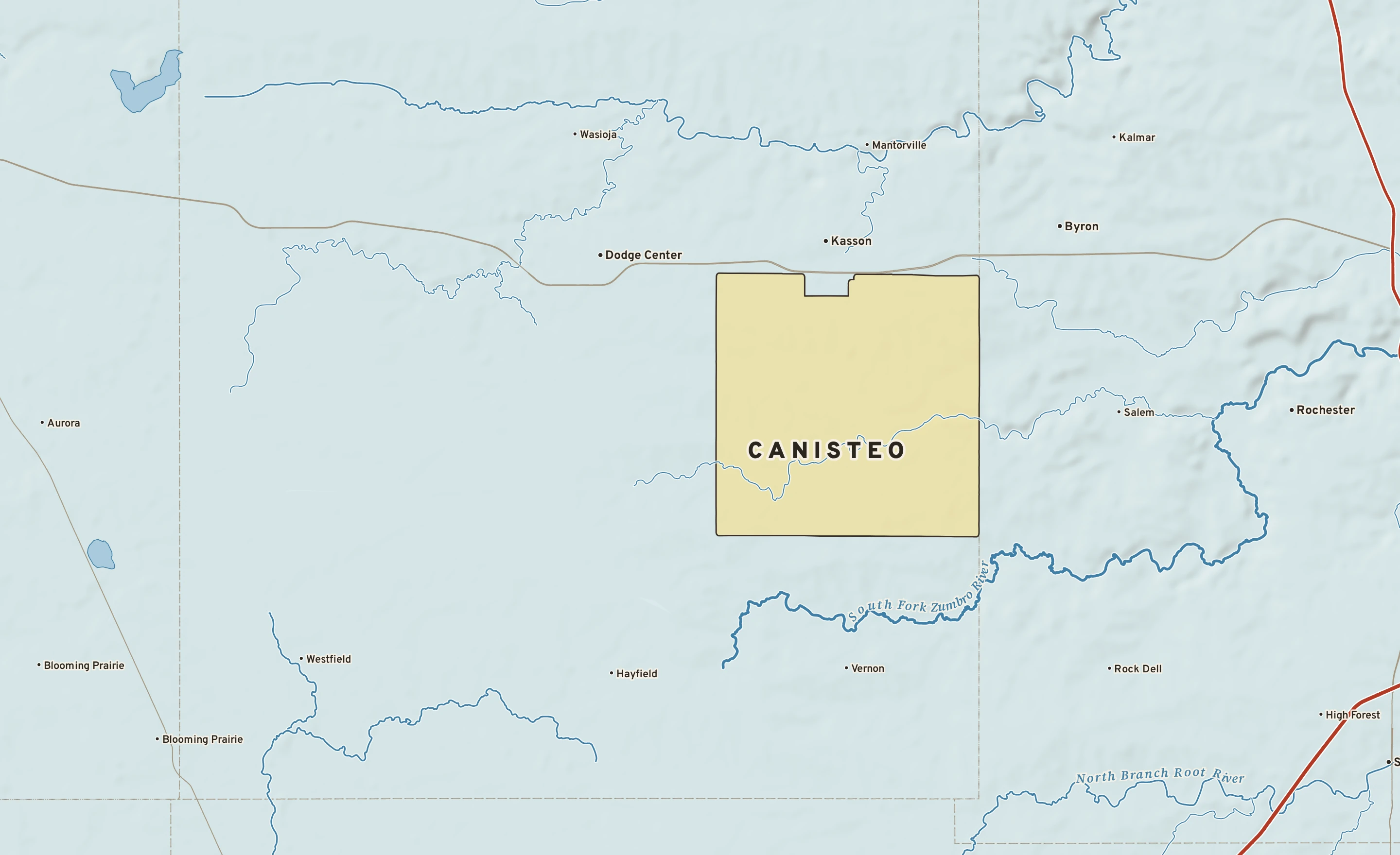 Shaded-relief atlas plate of Canisteo, Minnesota: rivers, roads, the city limits and where the water drains.