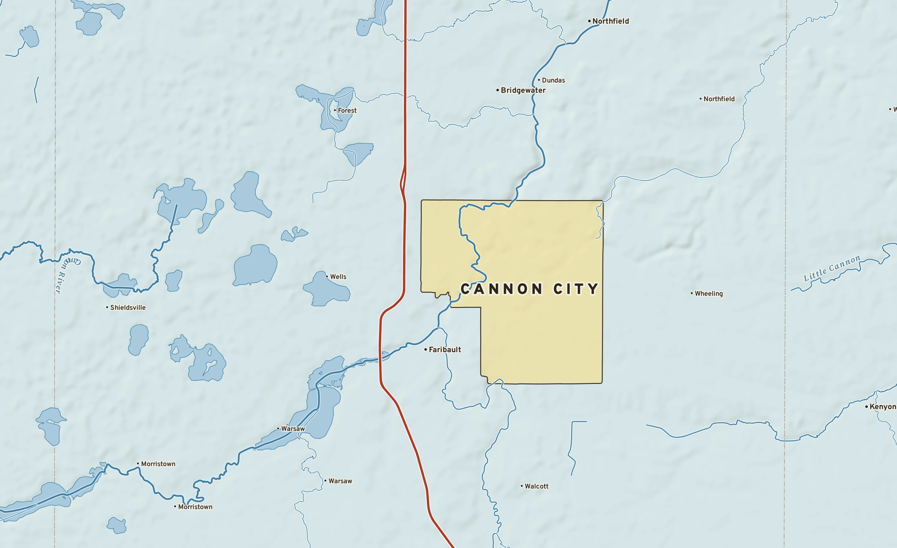 Shaded-relief atlas plate of Cannon City, Minnesota: rivers, roads, the city limits and where the water drains.