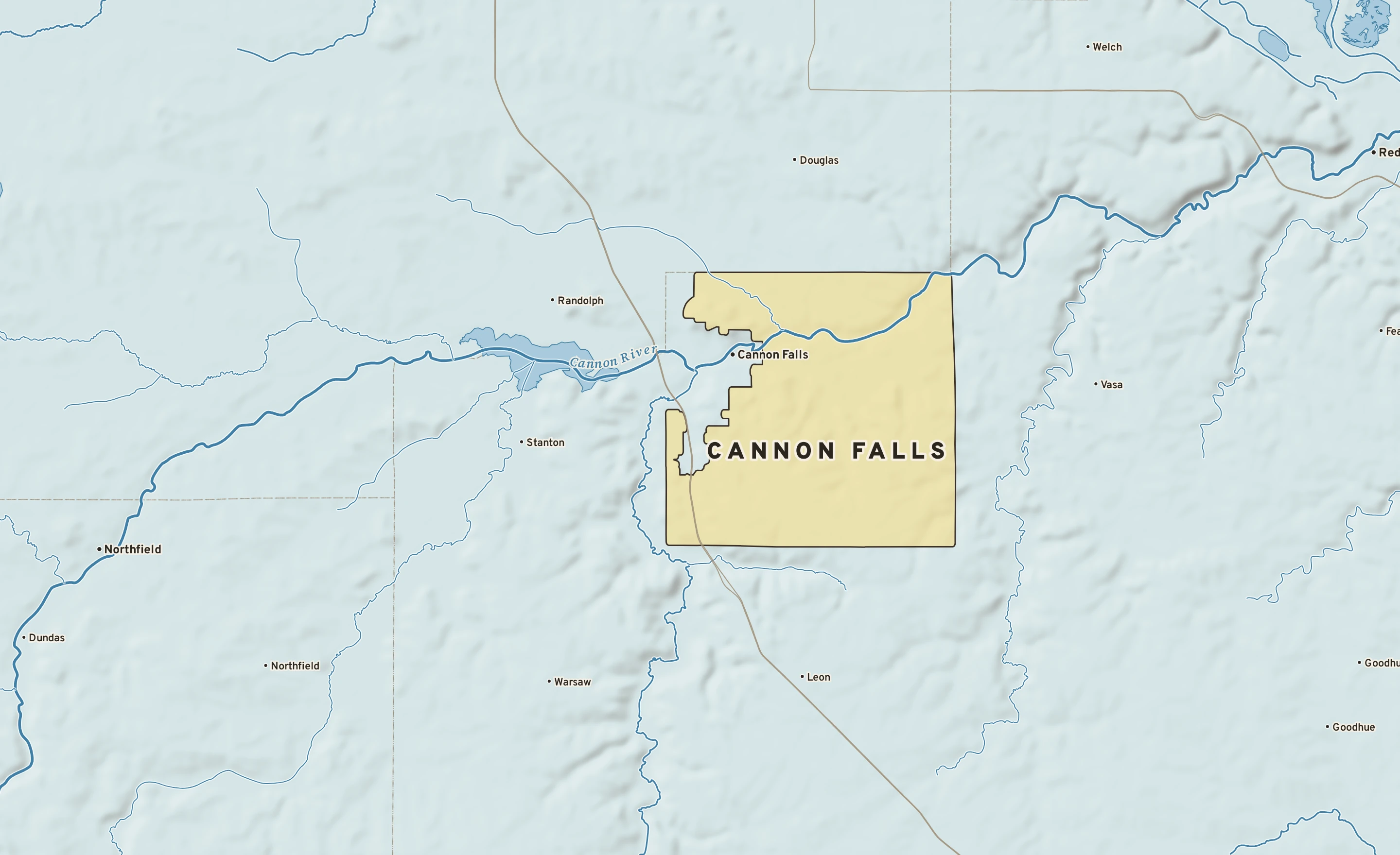 Shaded-relief atlas plate of Cannon Falls, Minnesota: rivers, roads, the city limits and where the water drains.
