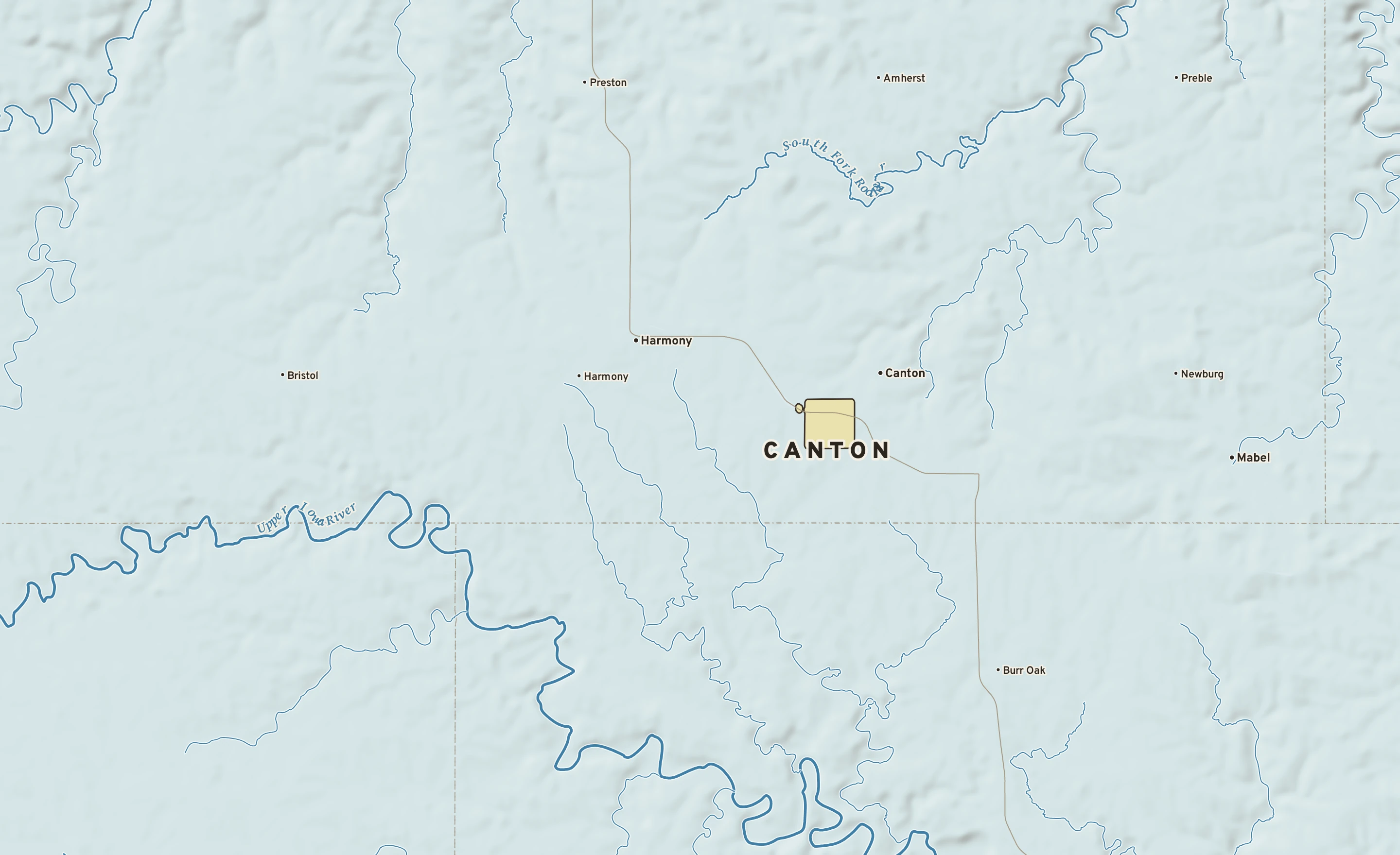 Shaded-relief atlas plate of Canton, Minnesota: rivers, roads, the city limits and where the water drains.