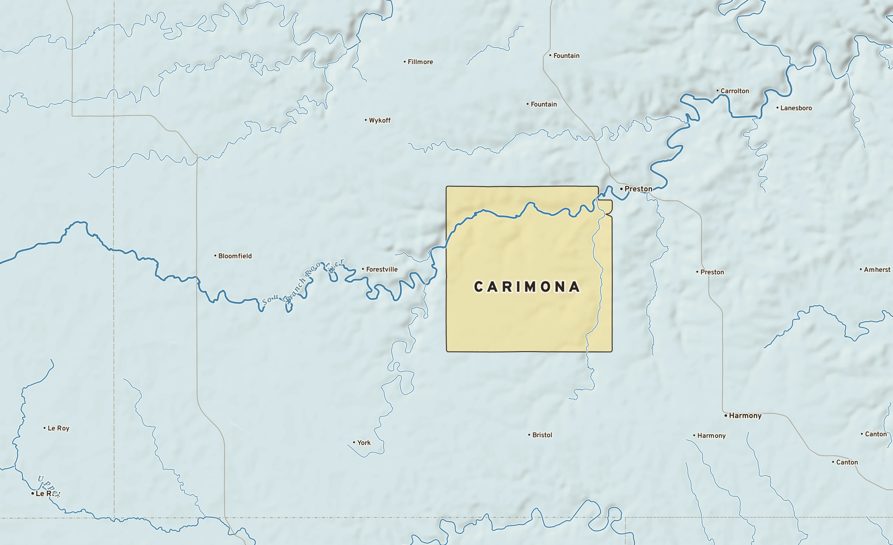 Shaded-relief atlas plate of Carimona, Minnesota: rivers, roads, the city limits and where the water drains.