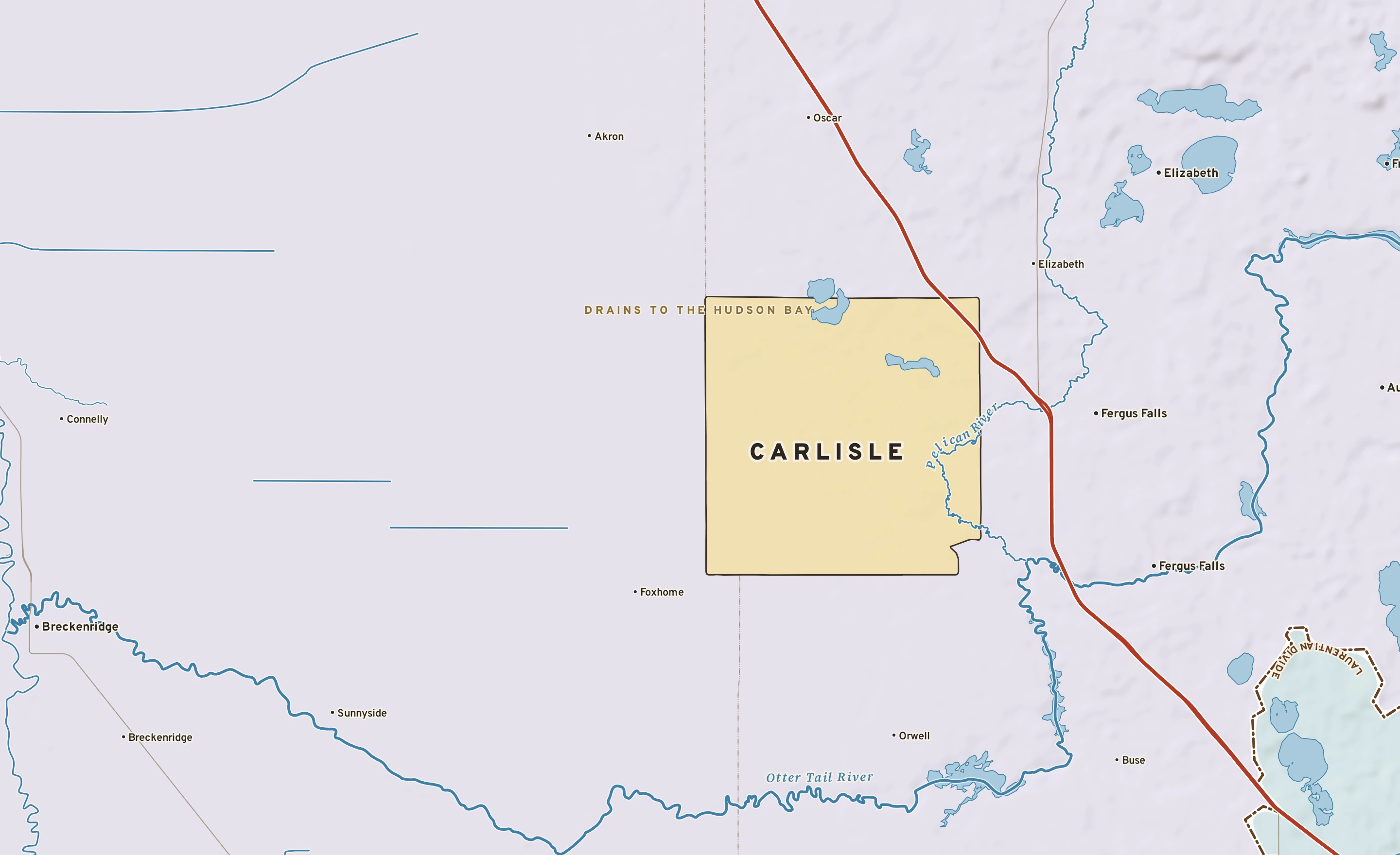 Shaded-relief atlas plate of Carlisle, Minnesota: rivers, roads, the city limits and where the water drains.