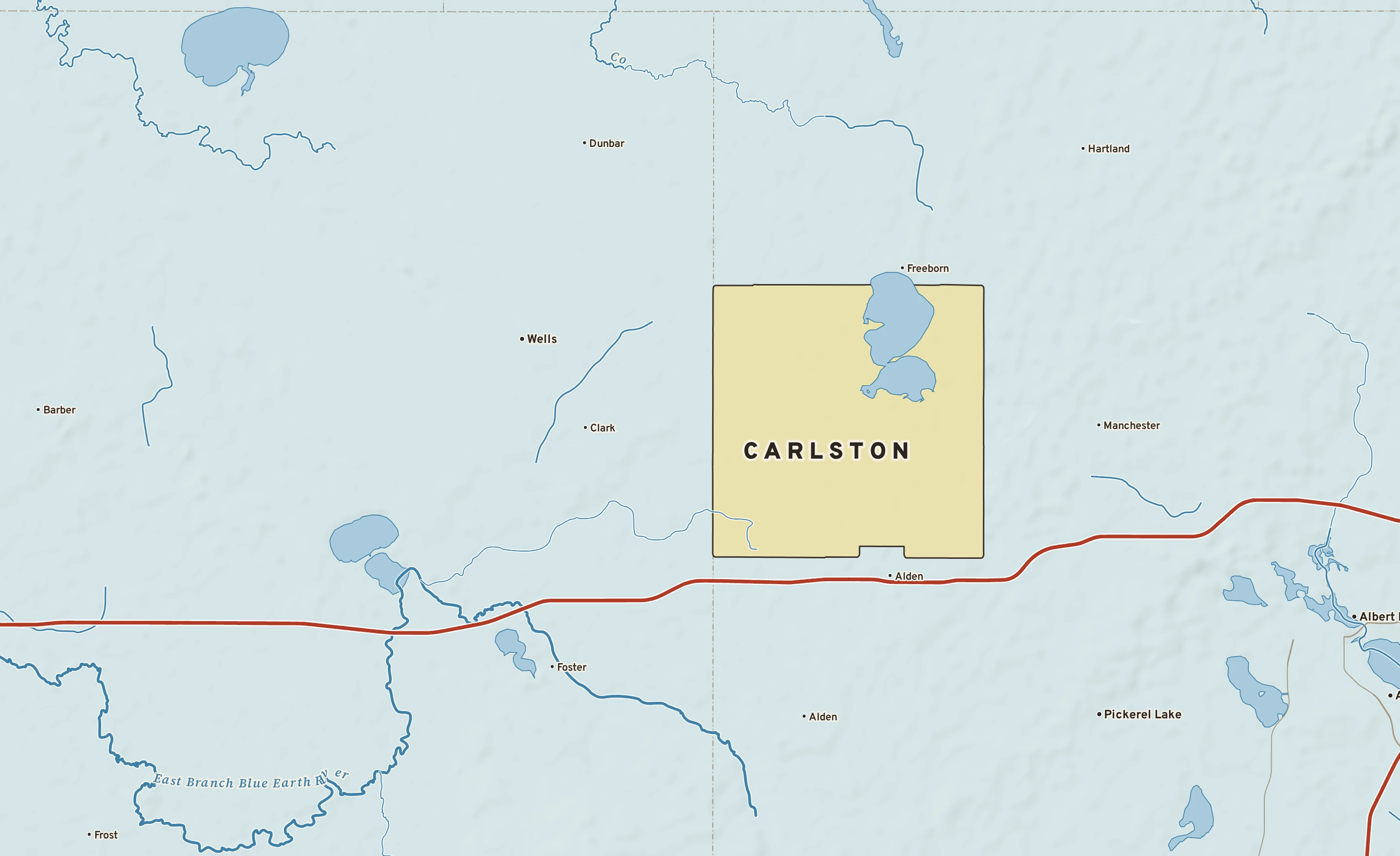 Shaded-relief atlas plate of Carlston, Minnesota: rivers, roads, the city limits and where the water drains.