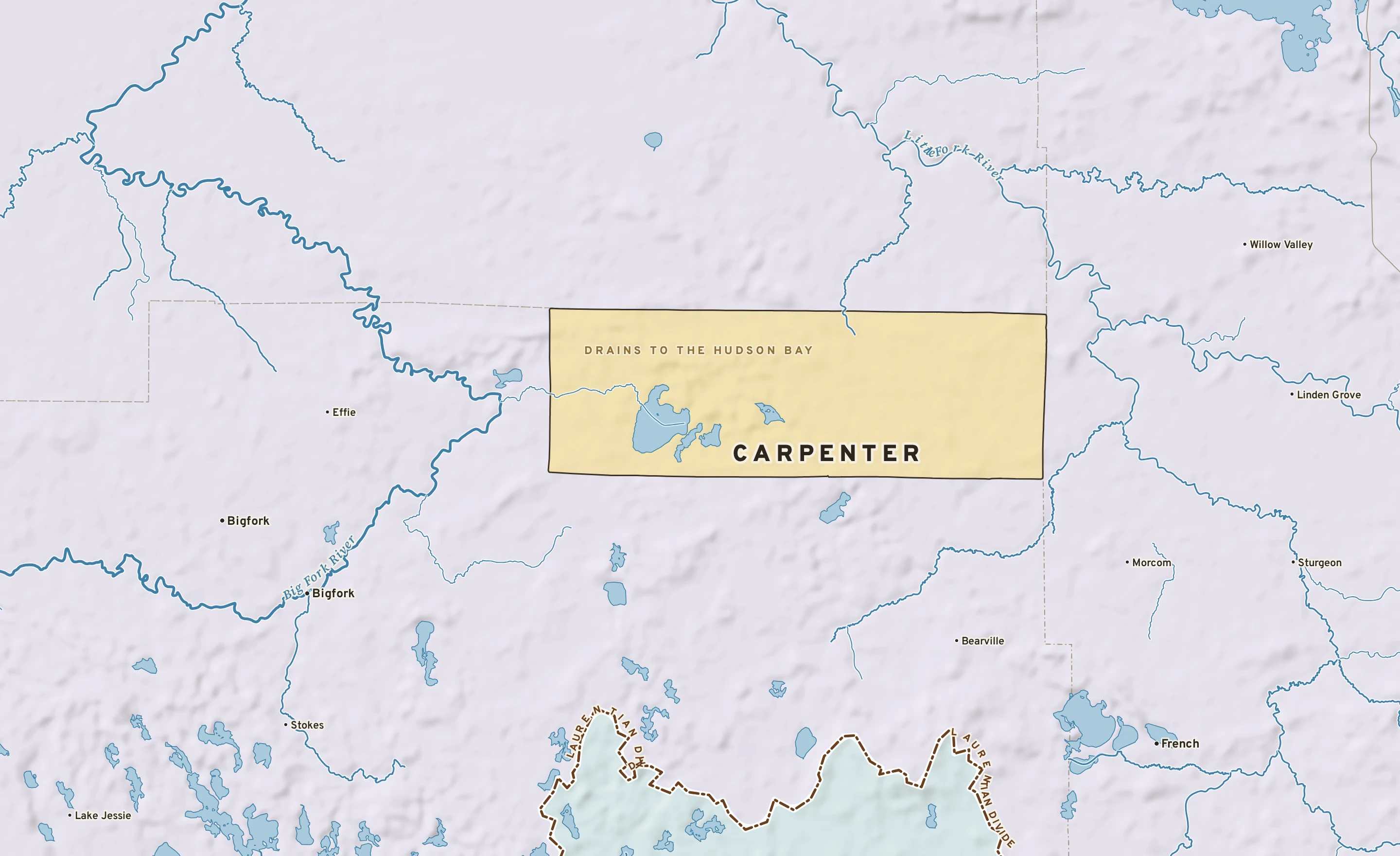 Shaded-relief atlas plate of Carpenter, Minnesota: rivers, roads, the city limits and where the water drains.