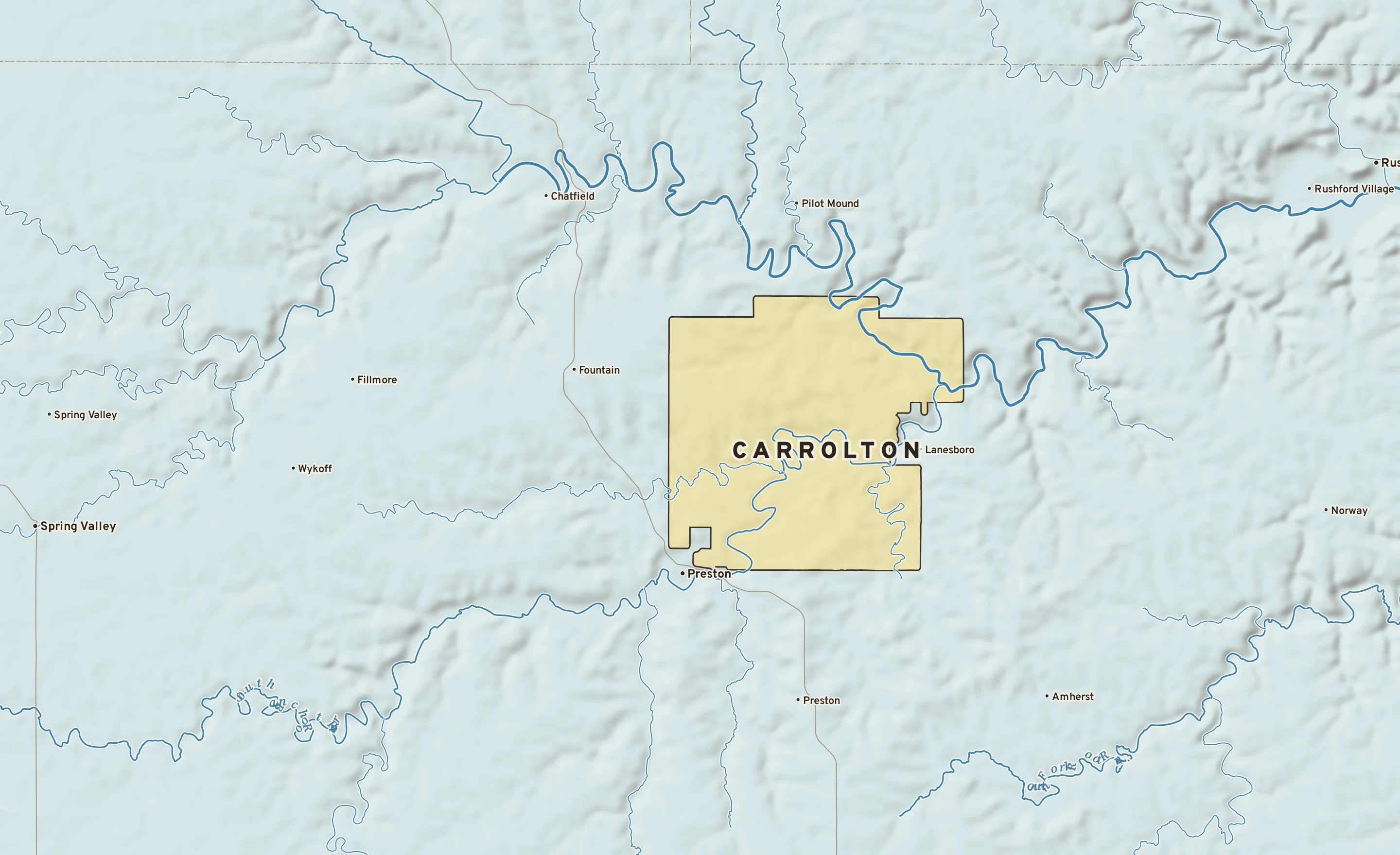 Shaded-relief atlas plate of Carrolton, Minnesota: rivers, roads, the city limits and where the water drains.