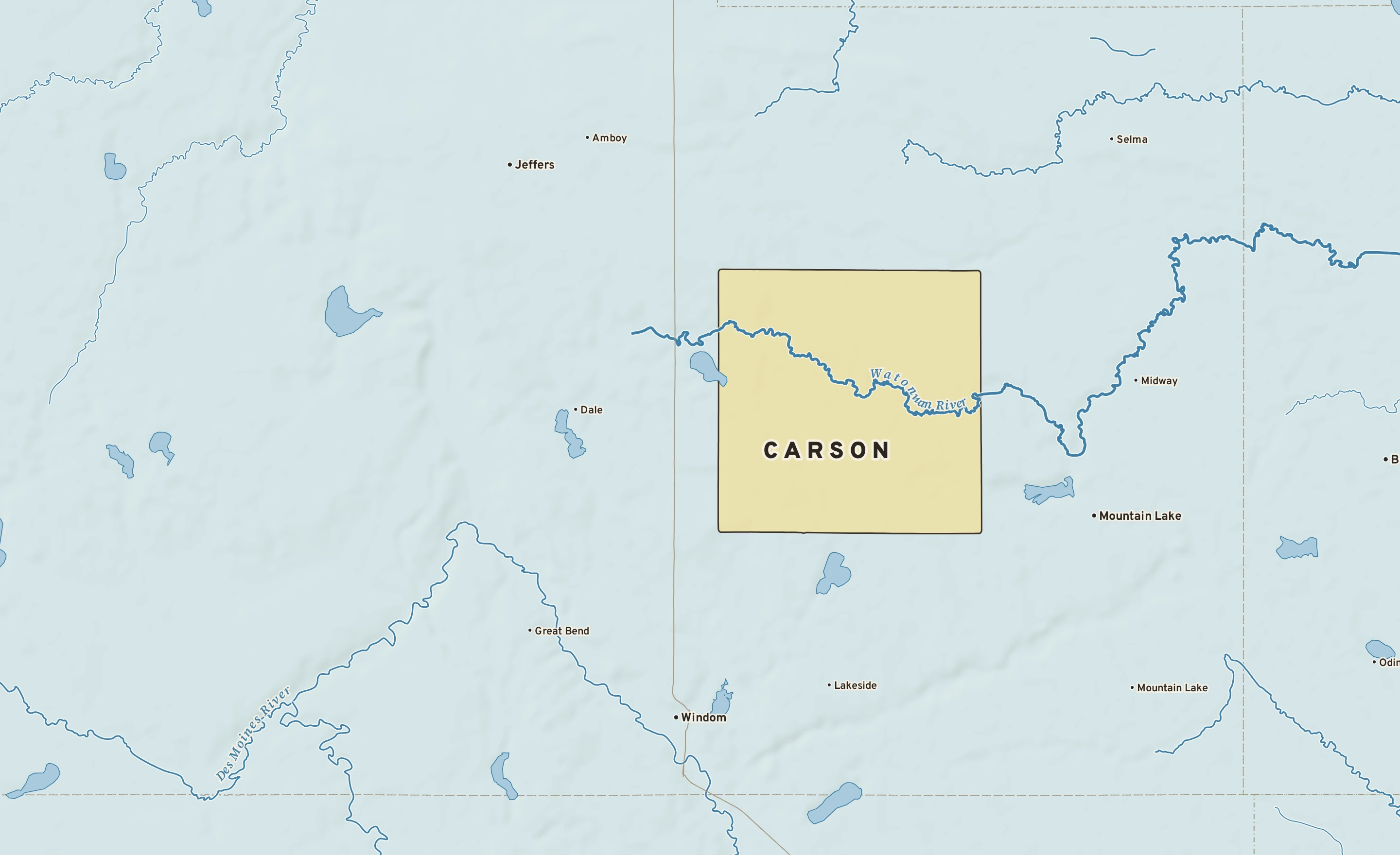 Shaded-relief atlas plate of Carson, Minnesota: rivers, roads, the city limits and where the water drains.