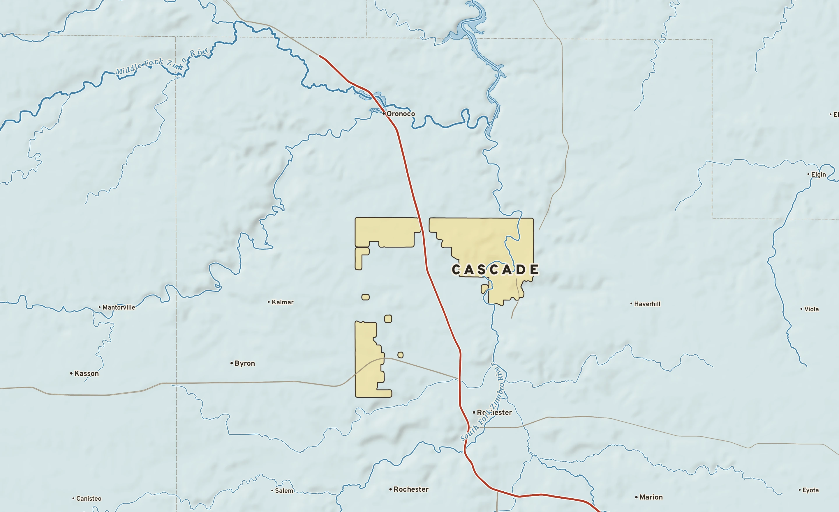 Shaded-relief atlas plate of Cascade, Minnesota: rivers, roads, the city limits and where the water drains.
