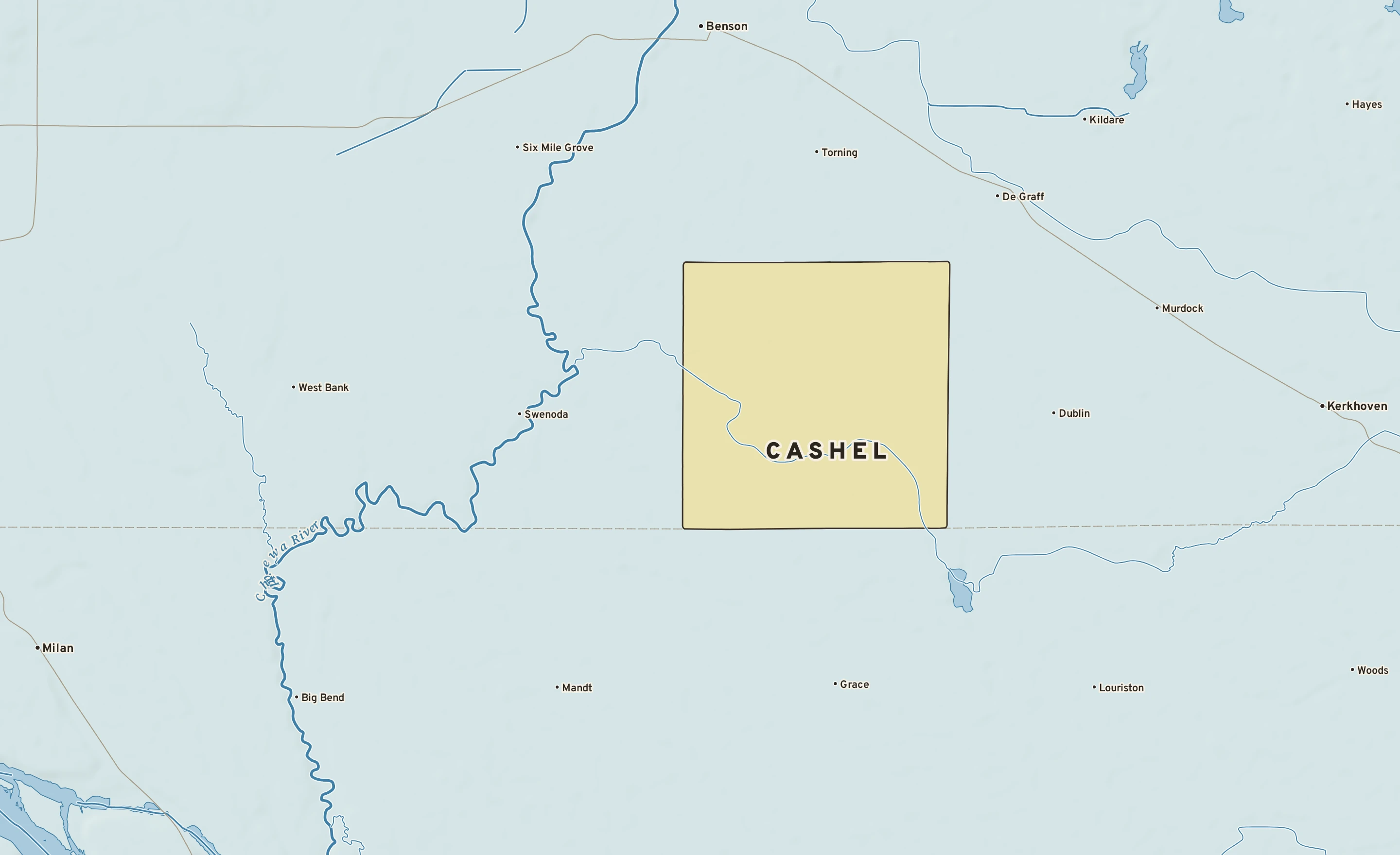 Shaded-relief atlas plate of Cashel, Minnesota: rivers, roads, the city limits and where the water drains.