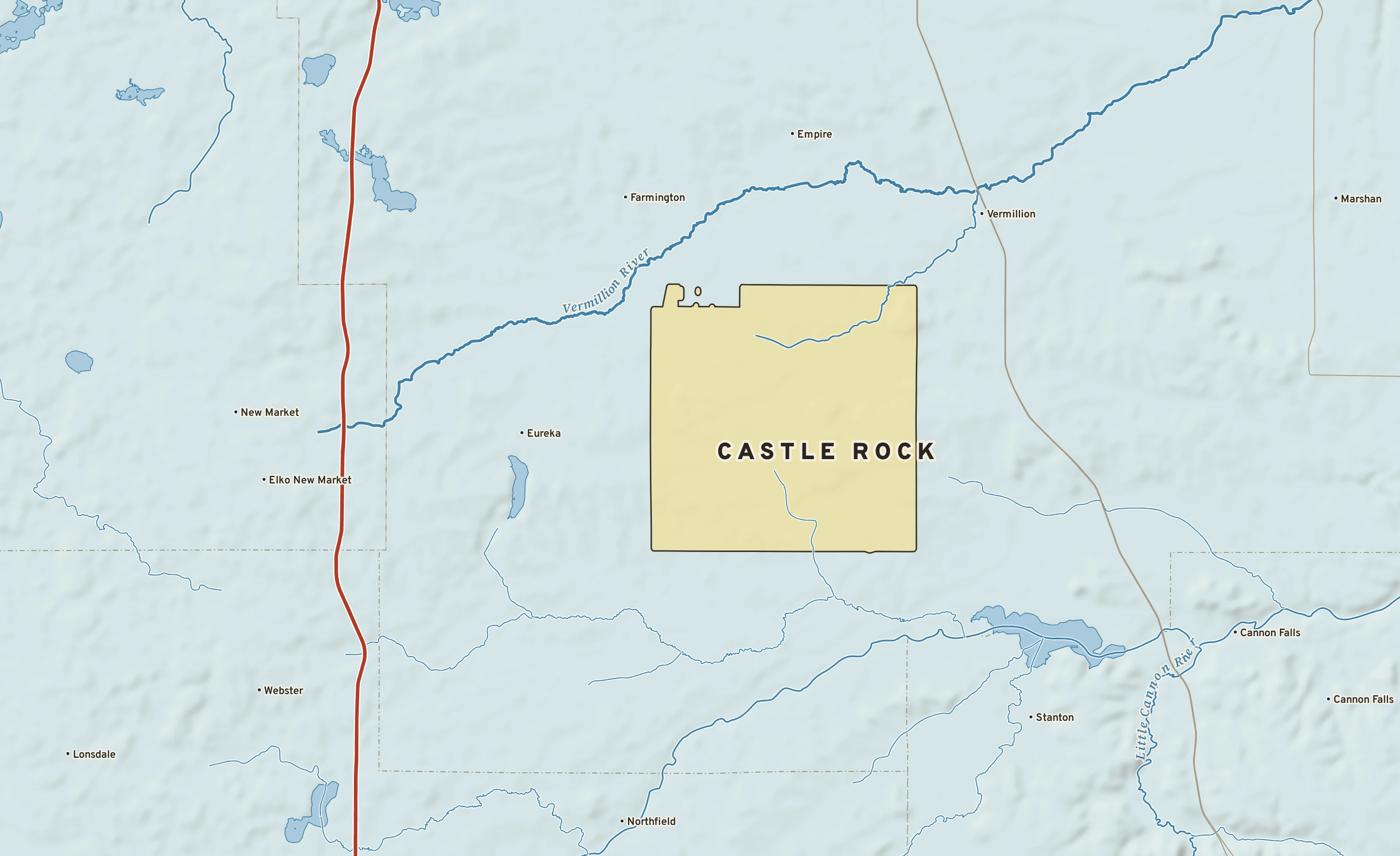 Shaded-relief atlas plate of Castle Rock, Minnesota: rivers, roads, the city limits and where the water drains.