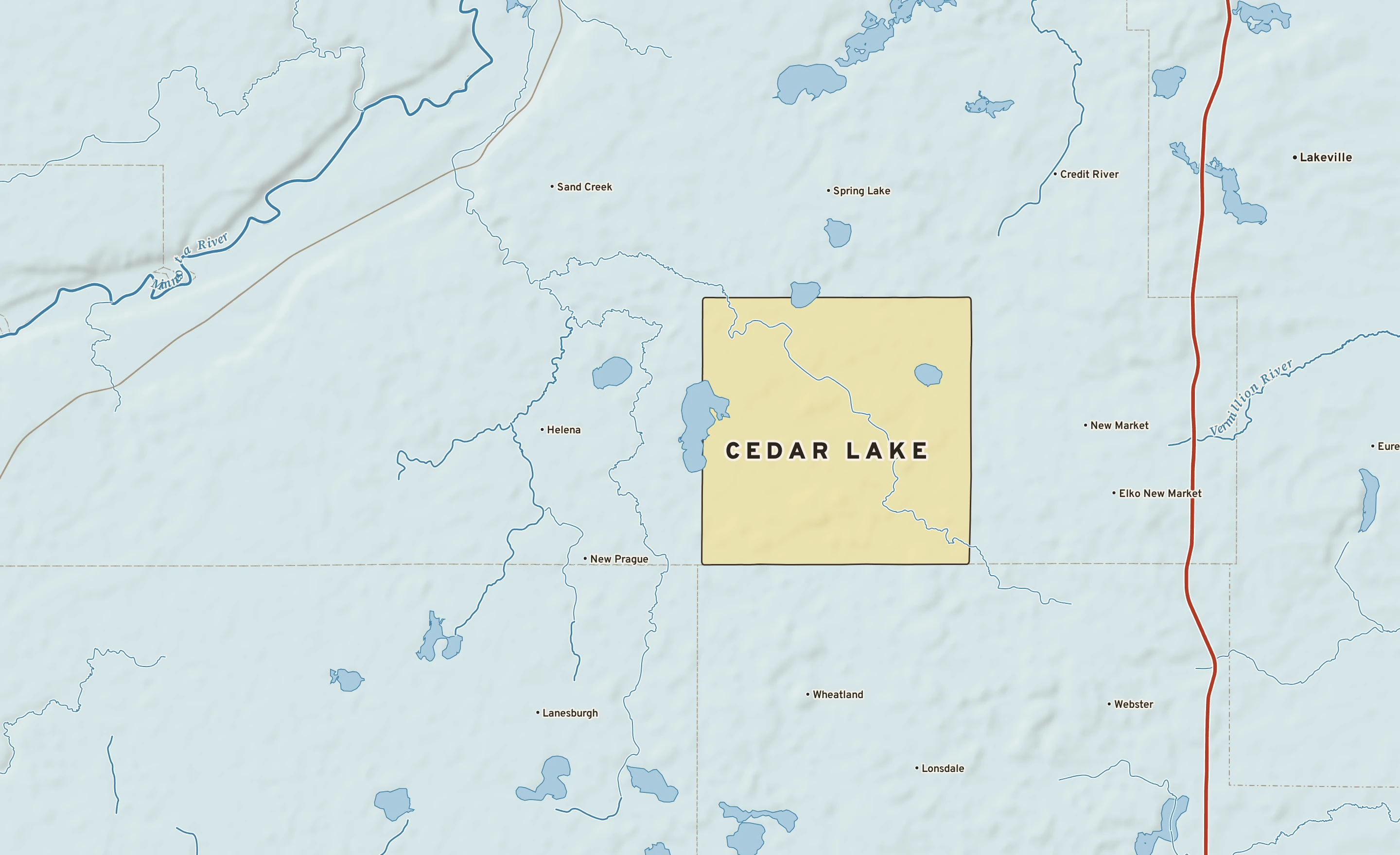Shaded-relief atlas plate of Cedar Lake, Minnesota: rivers, roads, the city limits and where the water drains.