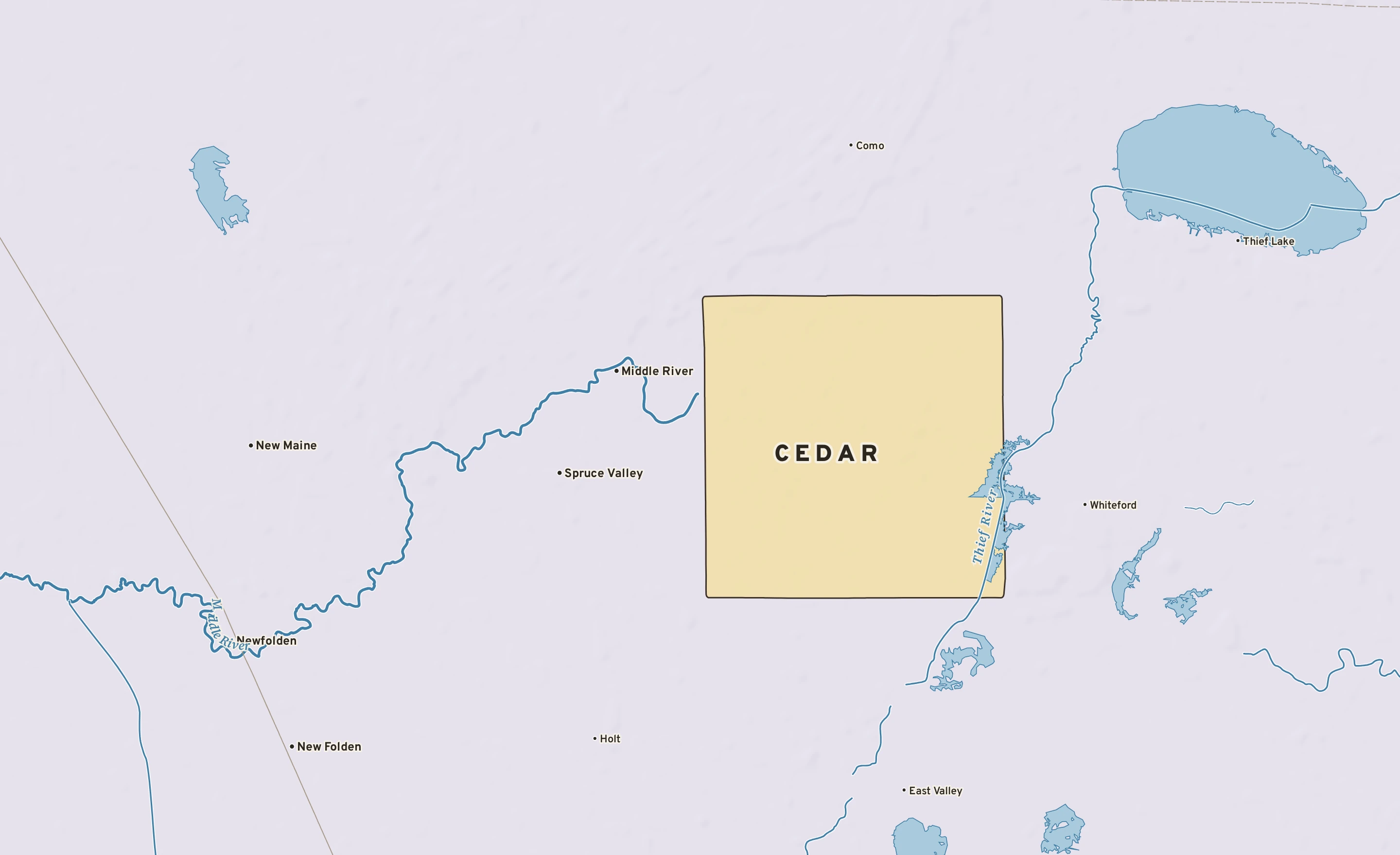 Shaded-relief atlas plate of Cedar, Minnesota: rivers, roads, the city limits and where the water drains.