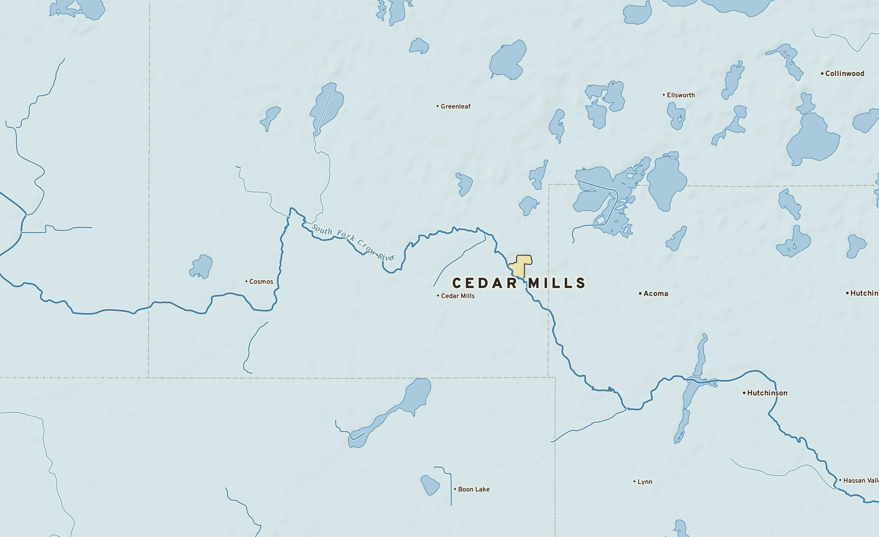 Shaded-relief atlas plate of Cedar Mills, Minnesota: rivers, roads, the city limits and where the water drains.