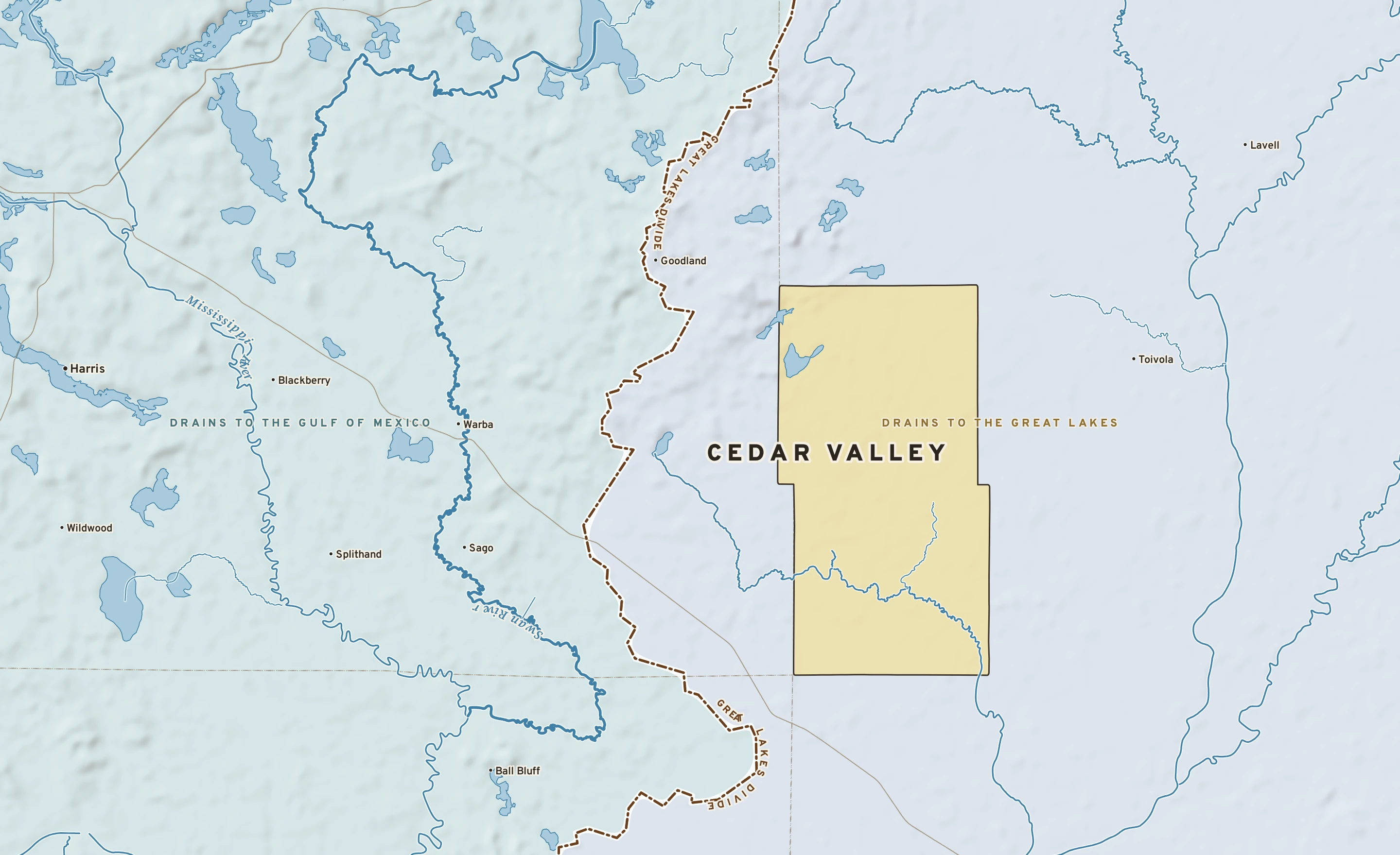 Shaded-relief atlas plate of Cedar Valley, Minnesota: rivers, roads, the city limits and where the water drains.