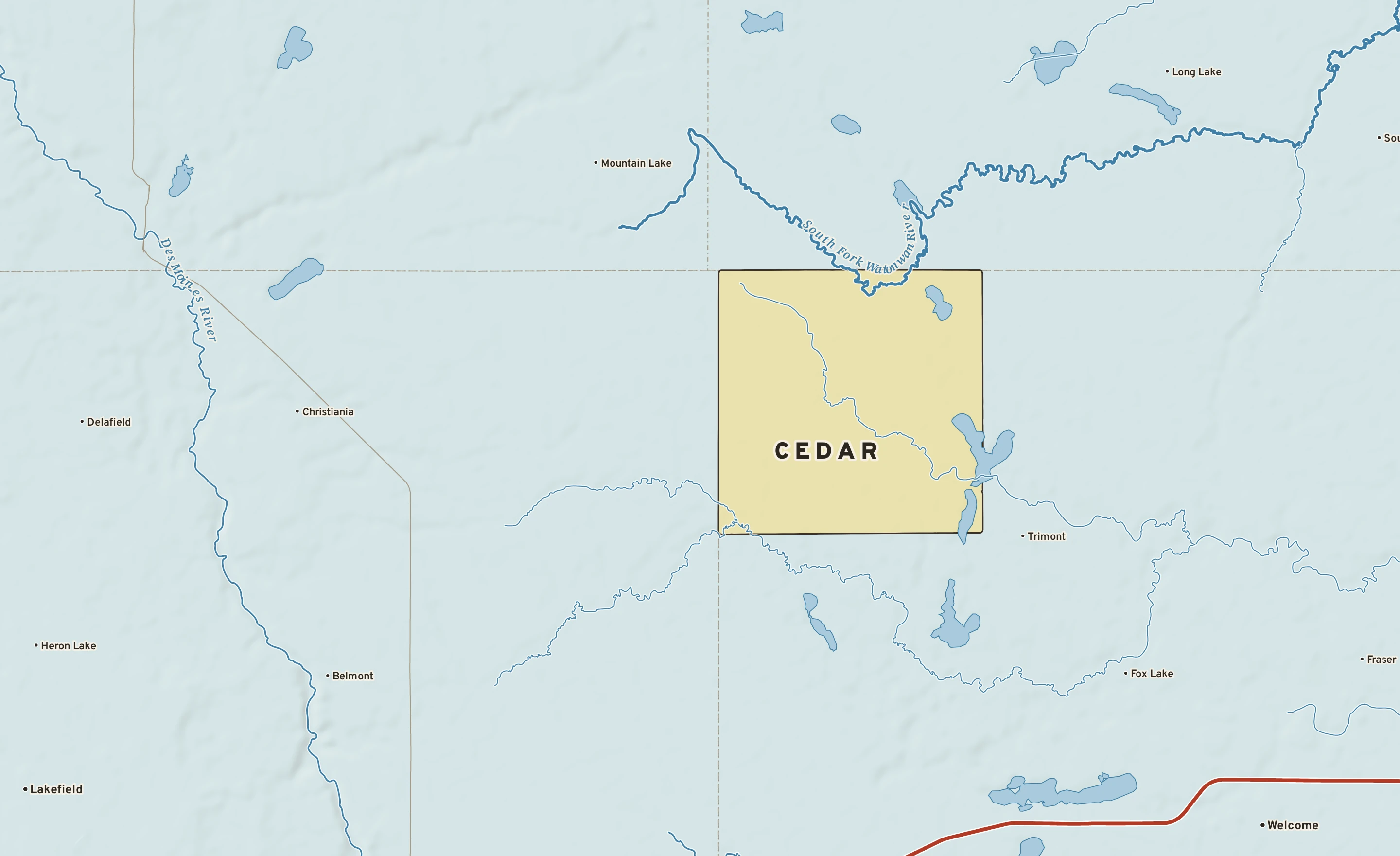 Shaded-relief atlas plate of Cedar, Minnesota: rivers, roads, the city limits and where the water drains.