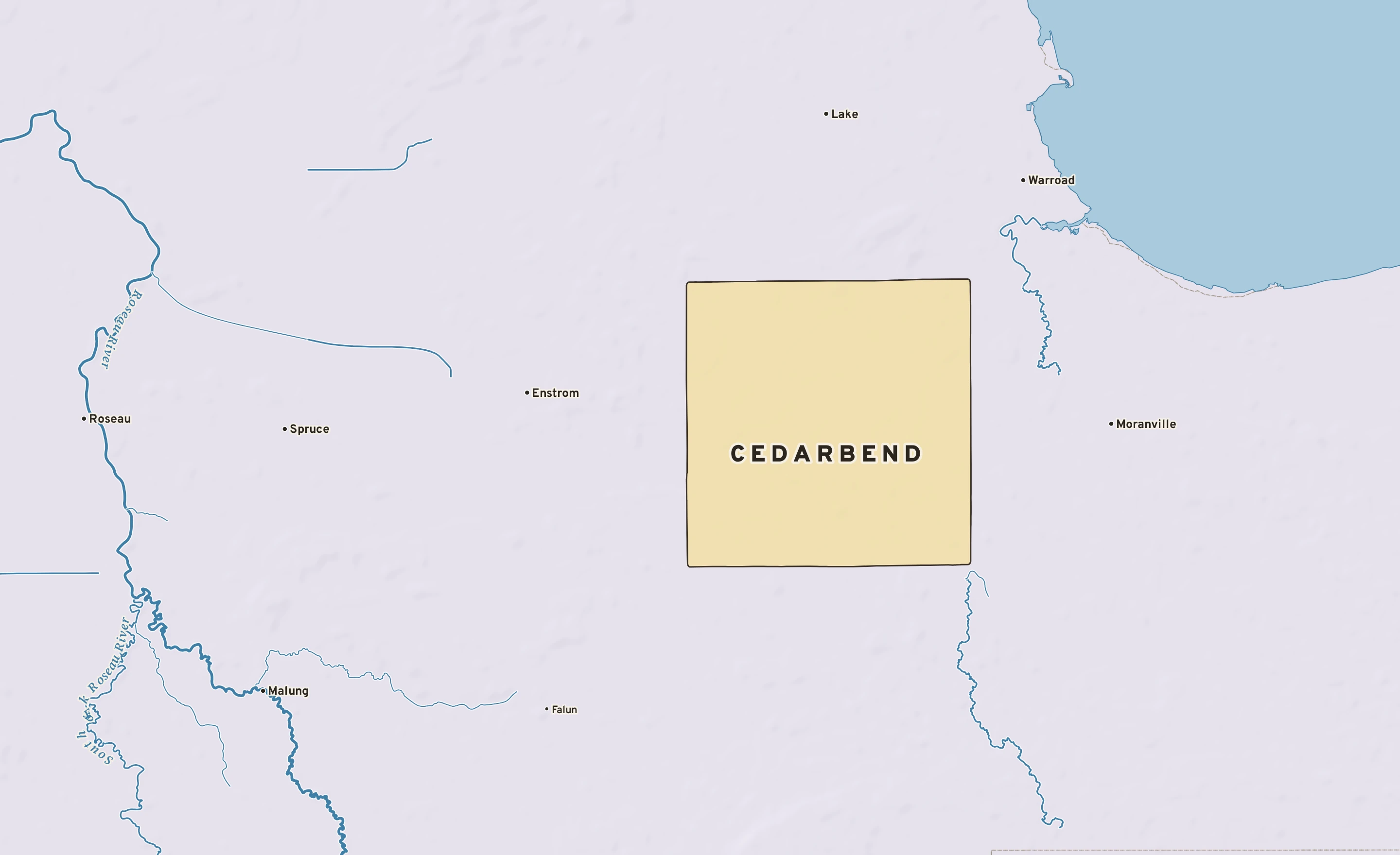 Shaded-relief atlas plate of Cedarbend, Minnesota: rivers, roads, the city limits and where the water drains.