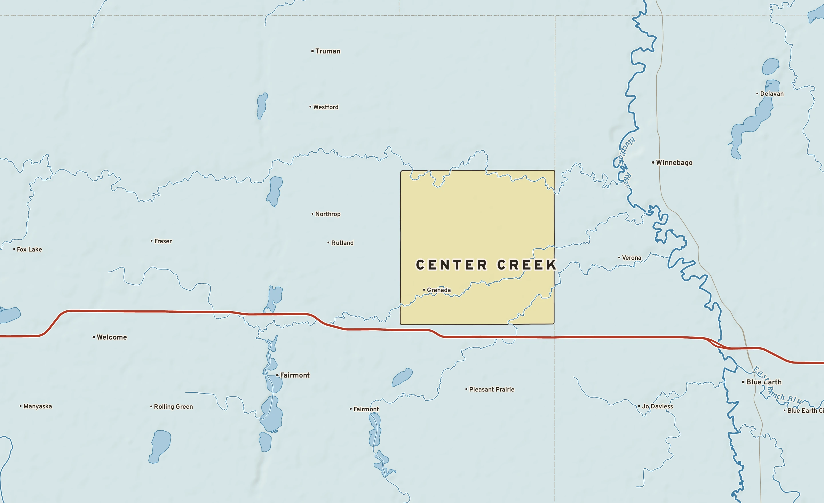 Shaded-relief atlas plate of Center Creek, Minnesota: rivers, roads, the city limits and where the water drains.