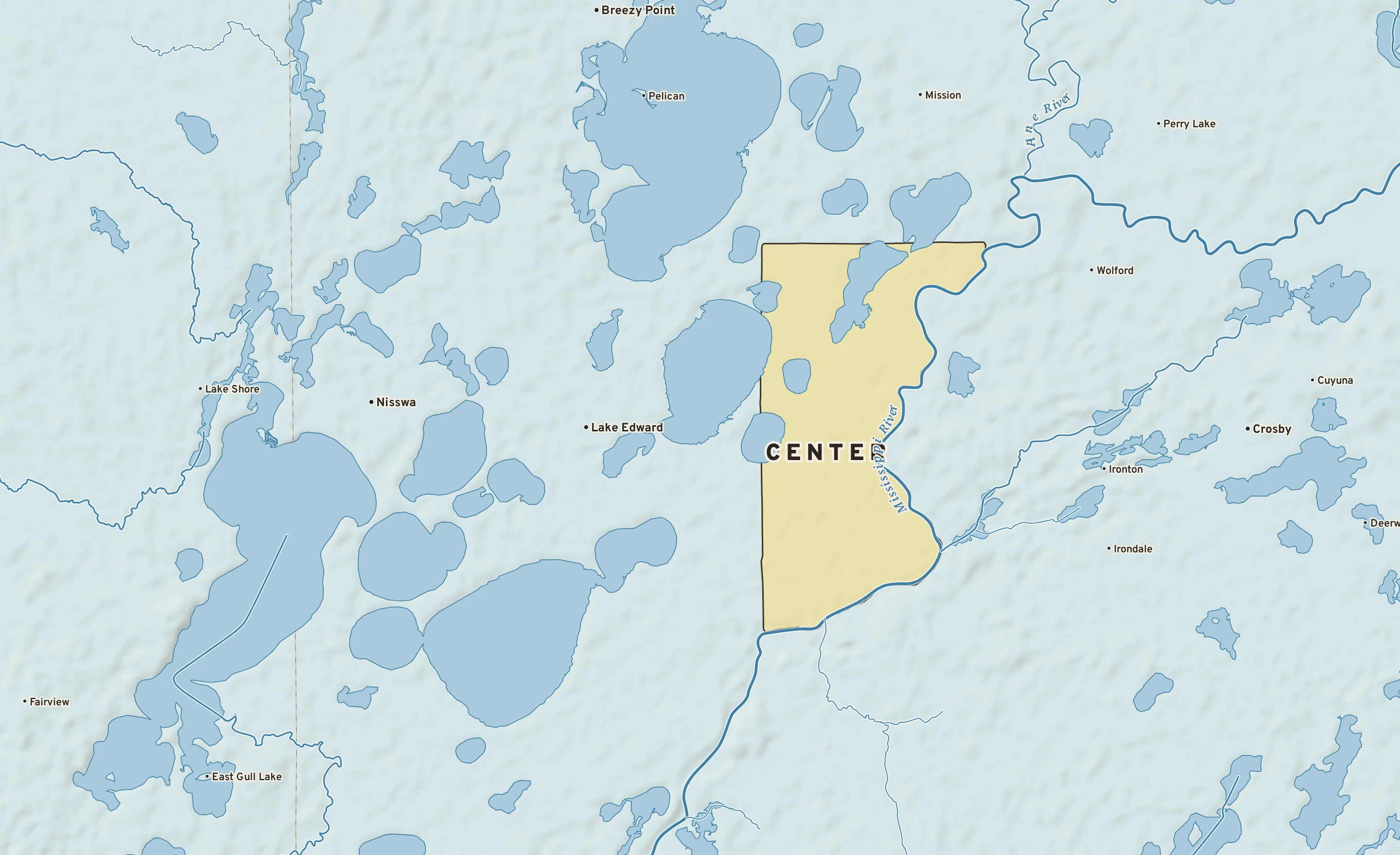 Shaded-relief atlas plate of Center, Minnesota: rivers, roads, the city limits and where the water drains.