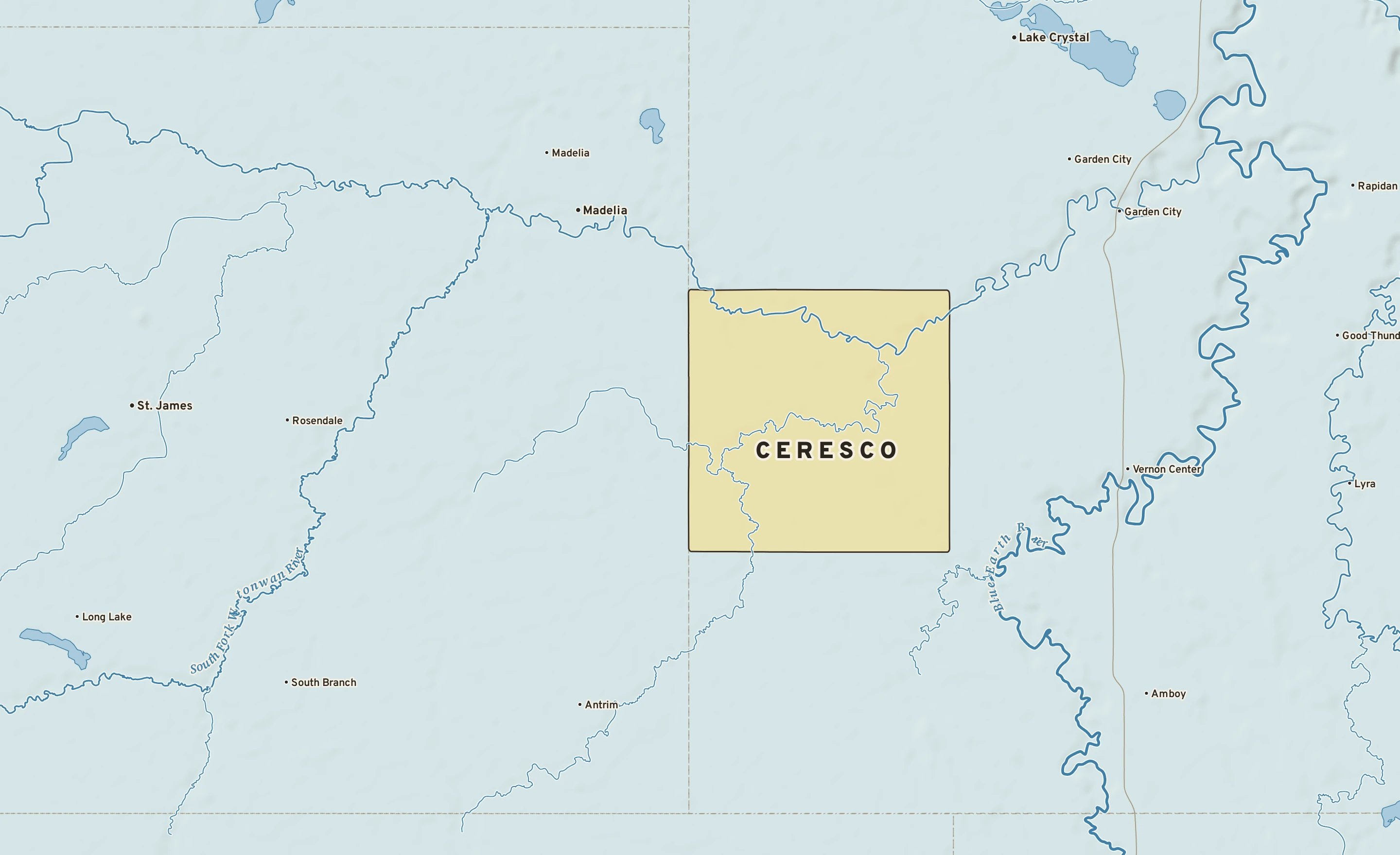 Shaded-relief atlas plate of Ceresco, Minnesota: rivers, roads, the city limits and where the water drains.