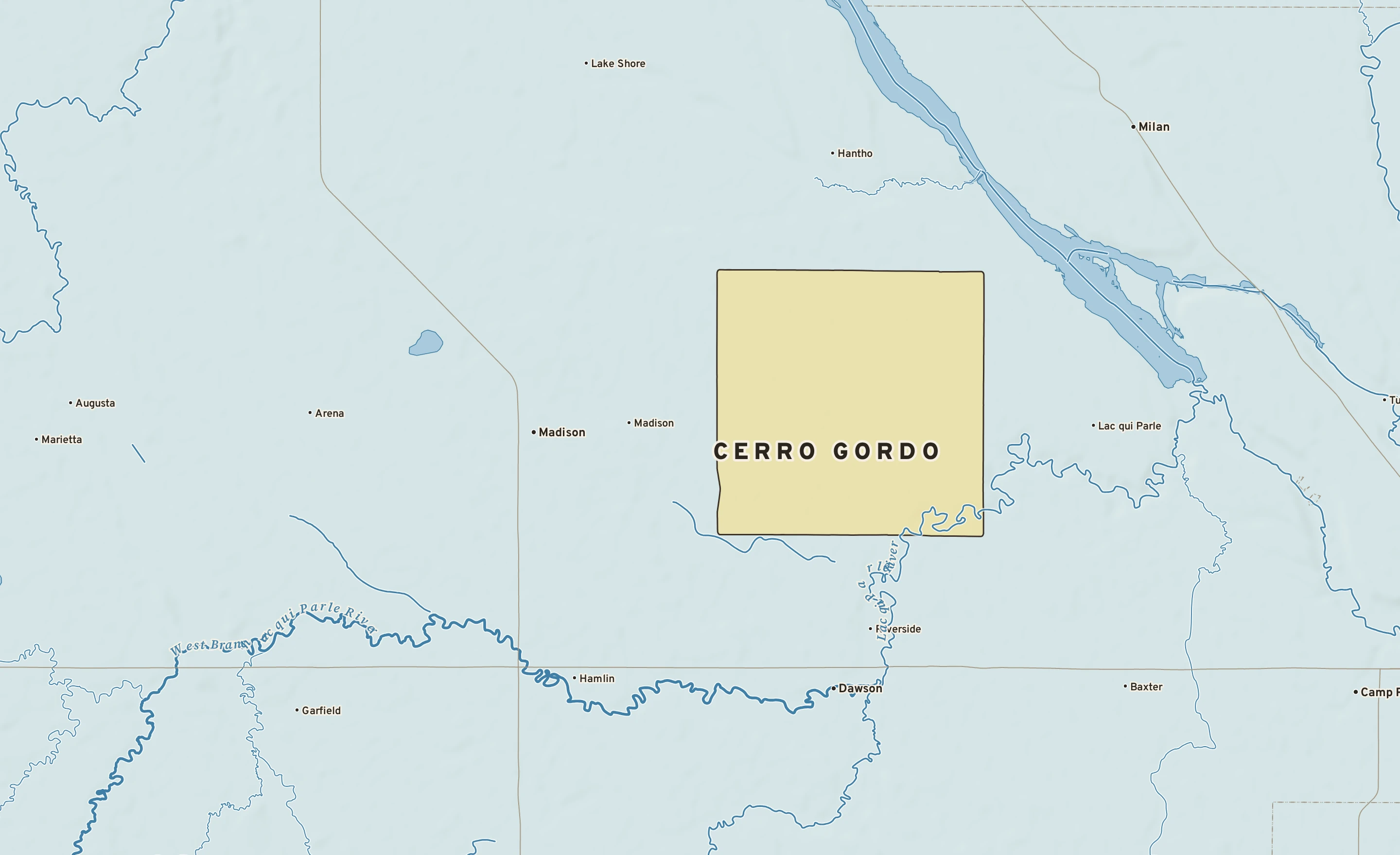 Shaded-relief atlas plate of Cerro Gordo, Minnesota: rivers, roads, the city limits and where the water drains.