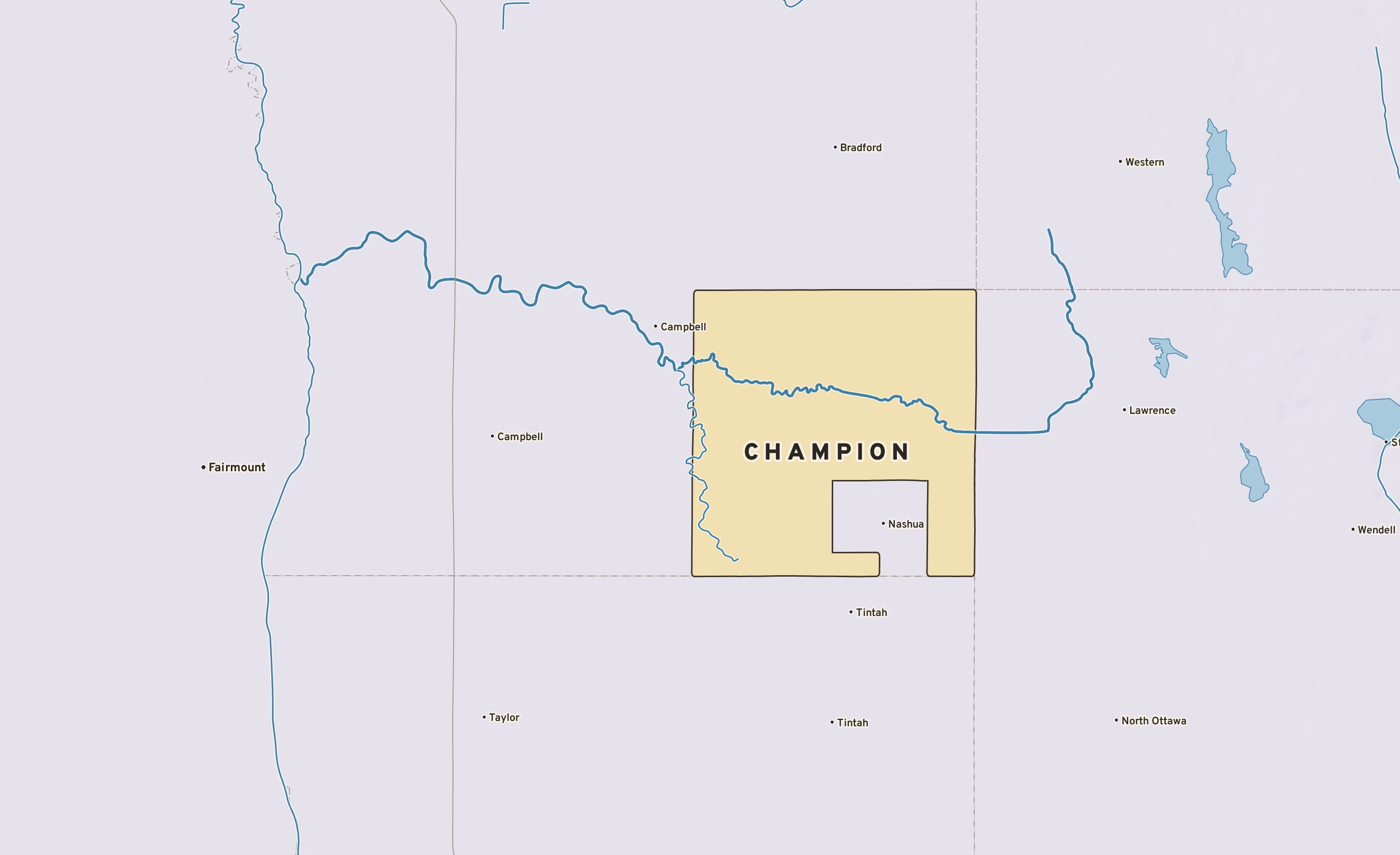 Shaded-relief atlas plate of Champion, Minnesota: rivers, roads, the city limits and where the water drains.