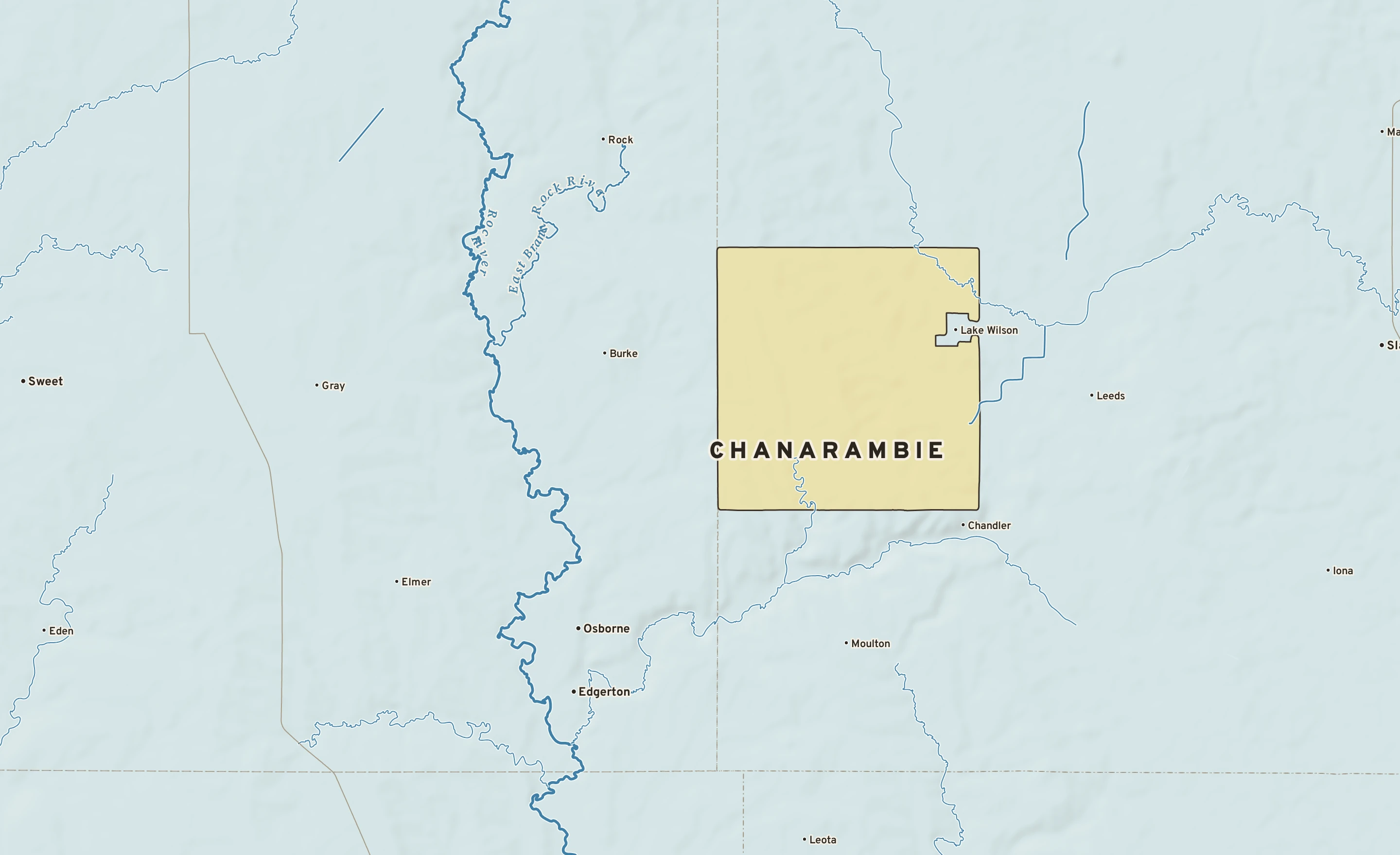 Shaded-relief atlas plate of Chanarambie, Minnesota: rivers, roads, the city limits and where the water drains.