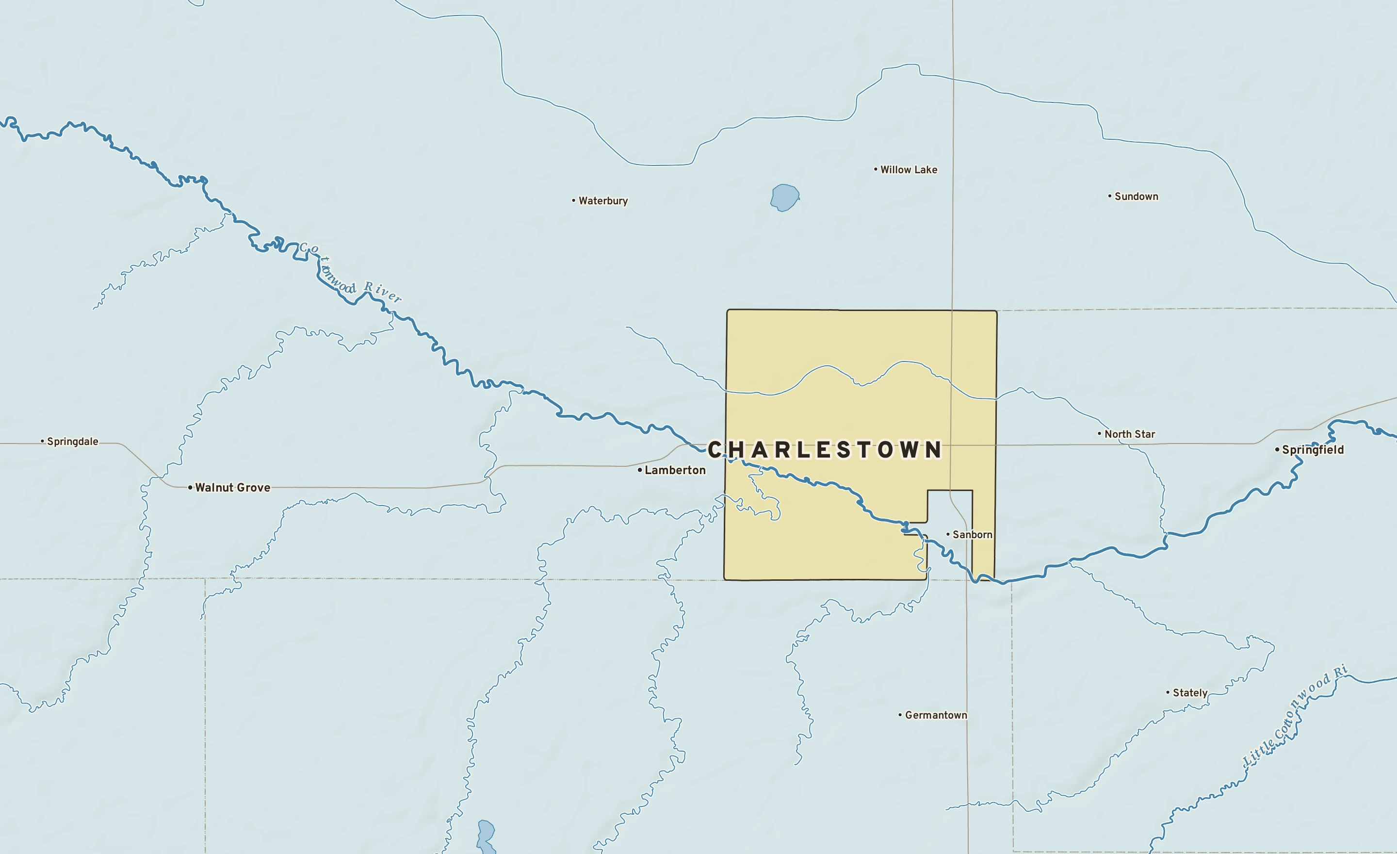 Shaded-relief atlas plate of Charlestown, Minnesota: rivers, roads, the city limits and where the water drains.