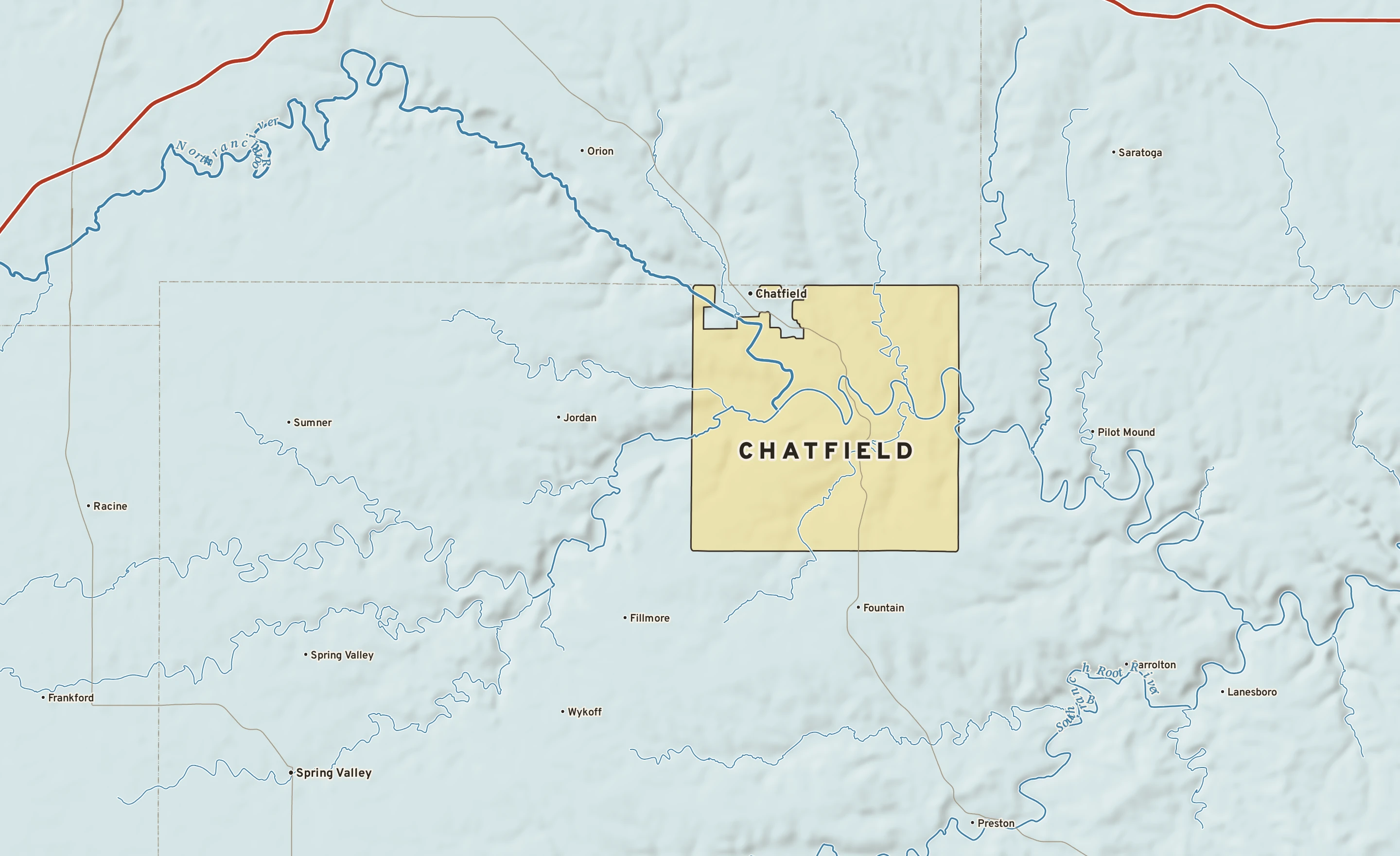 Shaded-relief atlas plate of Chatfield, Minnesota: rivers, roads, the city limits and where the water drains.