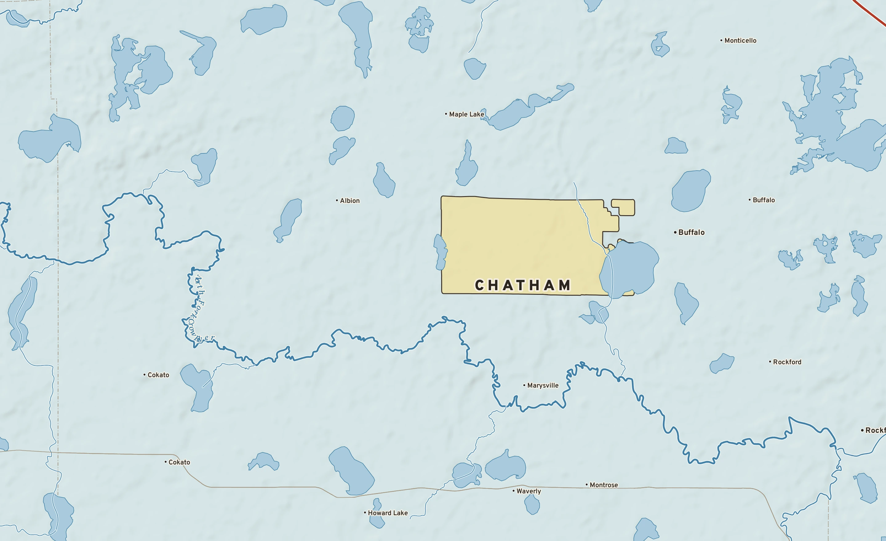 Shaded-relief atlas plate of Chatham, Minnesota: rivers, roads, the city limits and where the water drains.