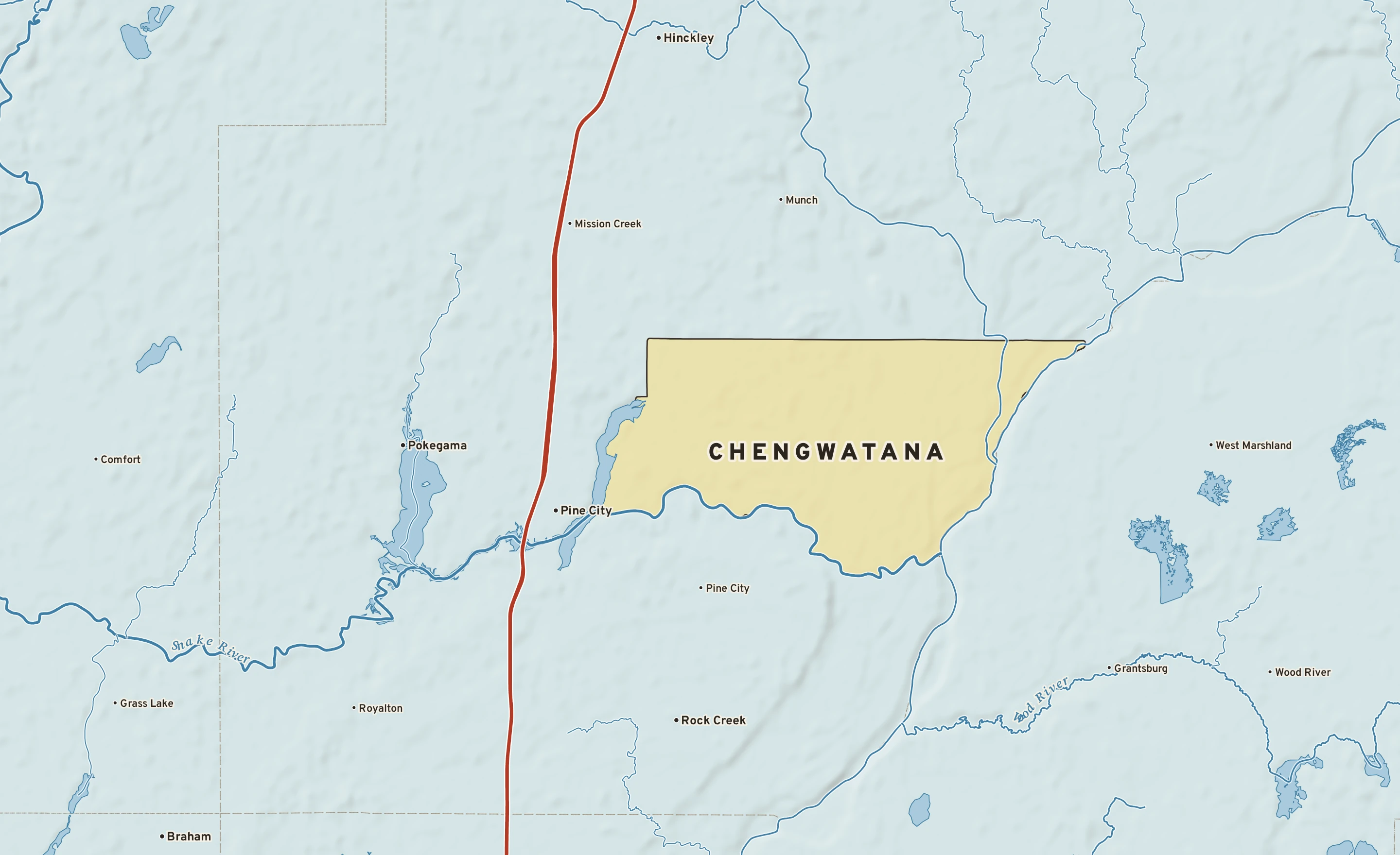 Shaded-relief atlas plate of Chengwatana, Minnesota: rivers, roads, the city limits and where the water drains.