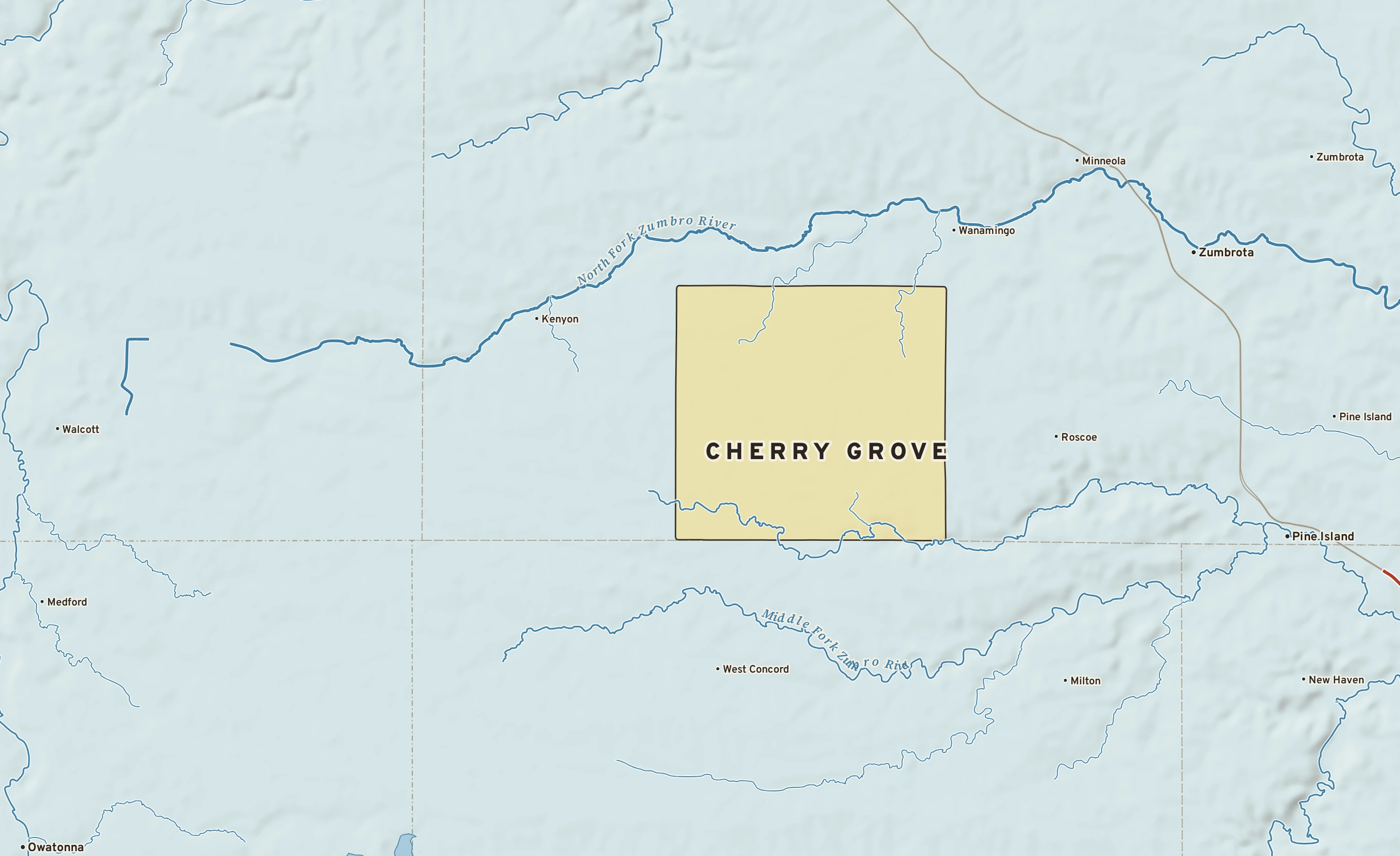 Shaded-relief atlas plate of Cherry Grove, Minnesota: rivers, roads, the city limits and where the water drains.