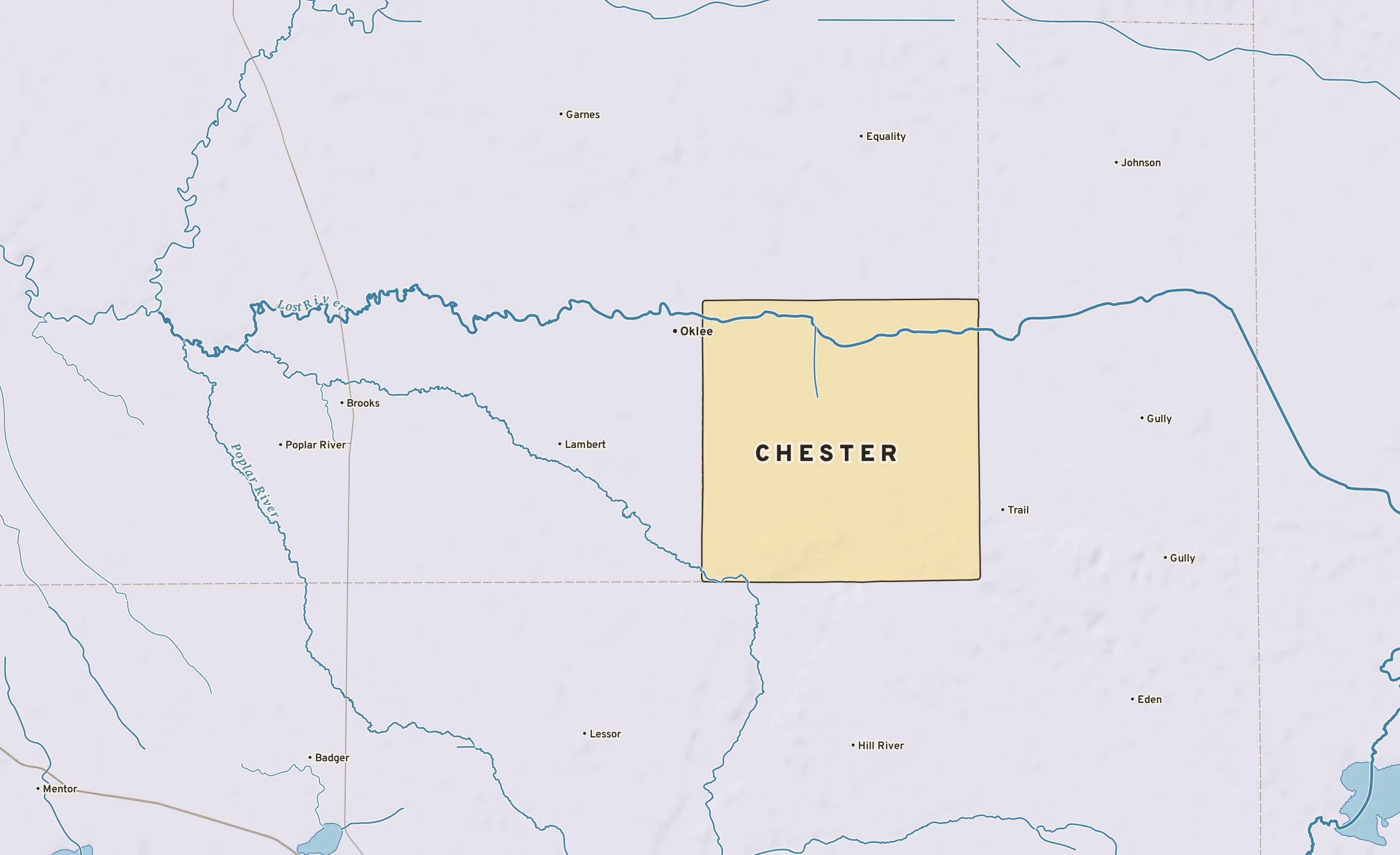 Shaded-relief atlas plate of Chester, Minnesota: rivers, roads, the city limits and where the water drains.