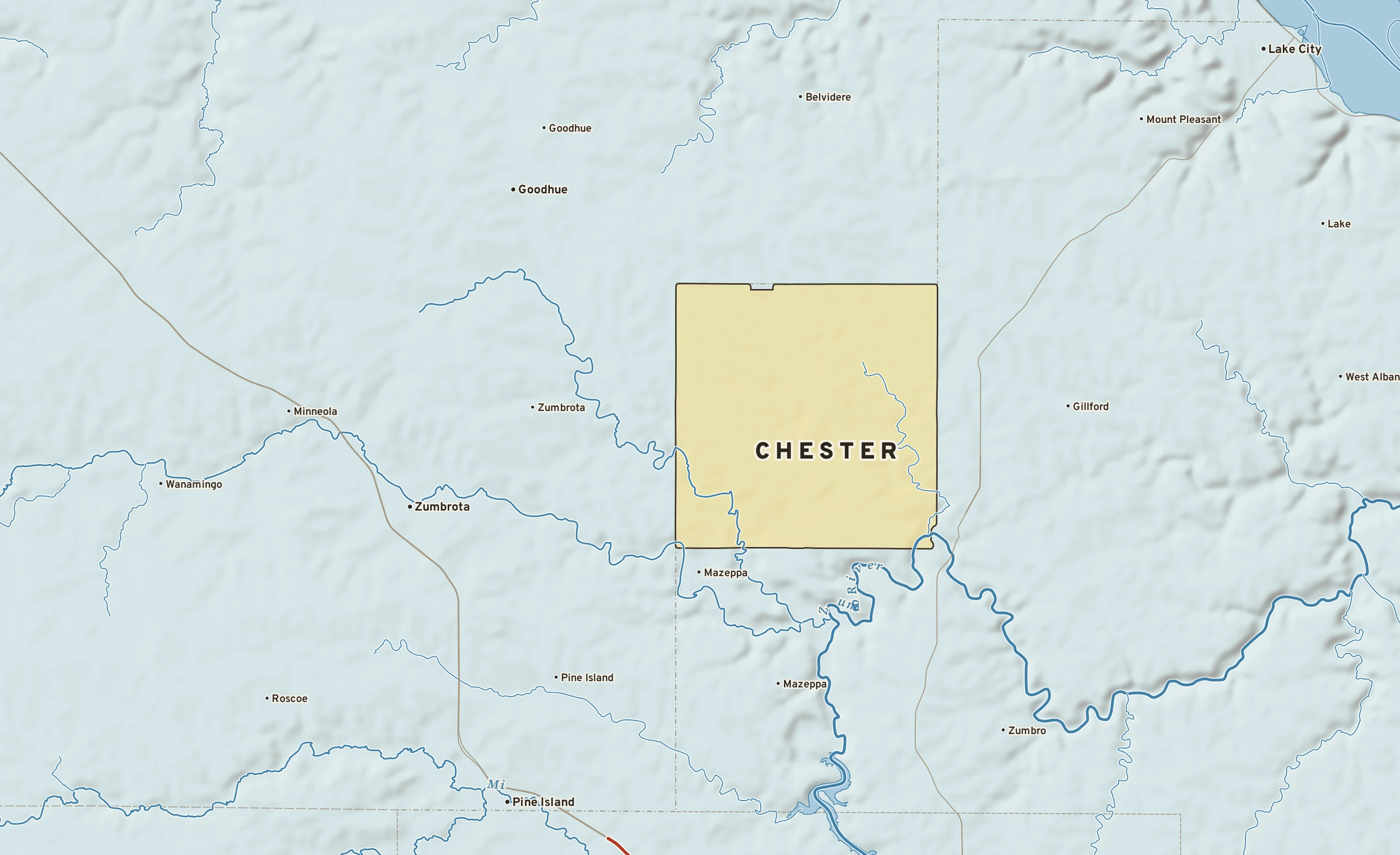 Shaded-relief atlas plate of Chester, Minnesota: rivers, roads, the city limits and where the water drains.