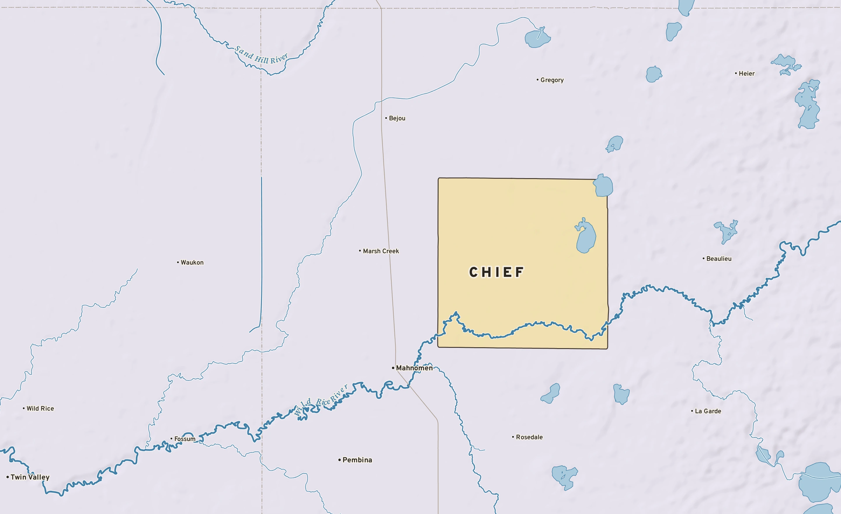 Shaded-relief atlas plate of Chief, Minnesota: rivers, roads, the city limits and where the water drains.