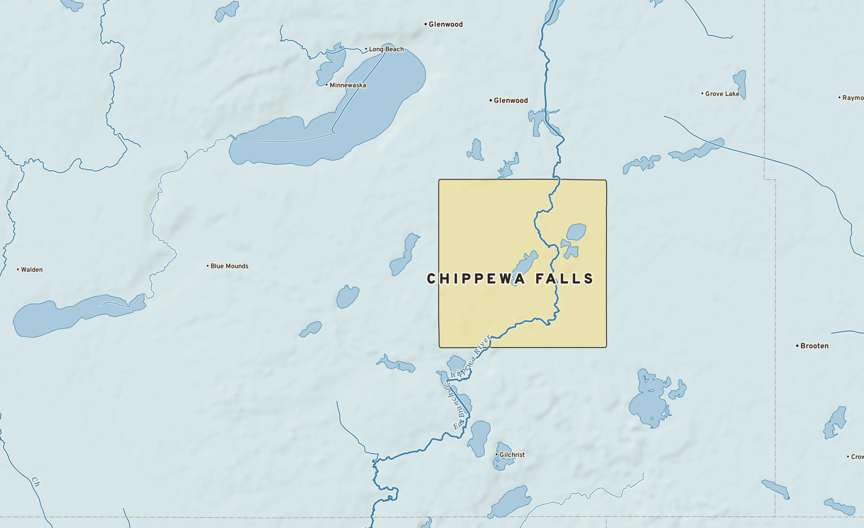 Shaded-relief atlas plate of Chippewa Falls, Minnesota: rivers, roads, the city limits and where the water drains.