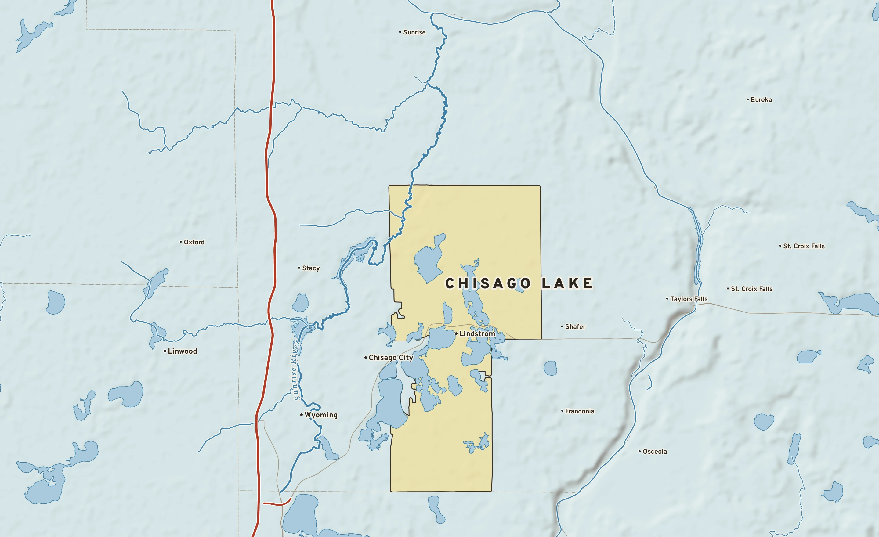 Shaded-relief atlas plate of Chisago Lake, Minnesota: rivers, roads, the city limits and where the water drains.