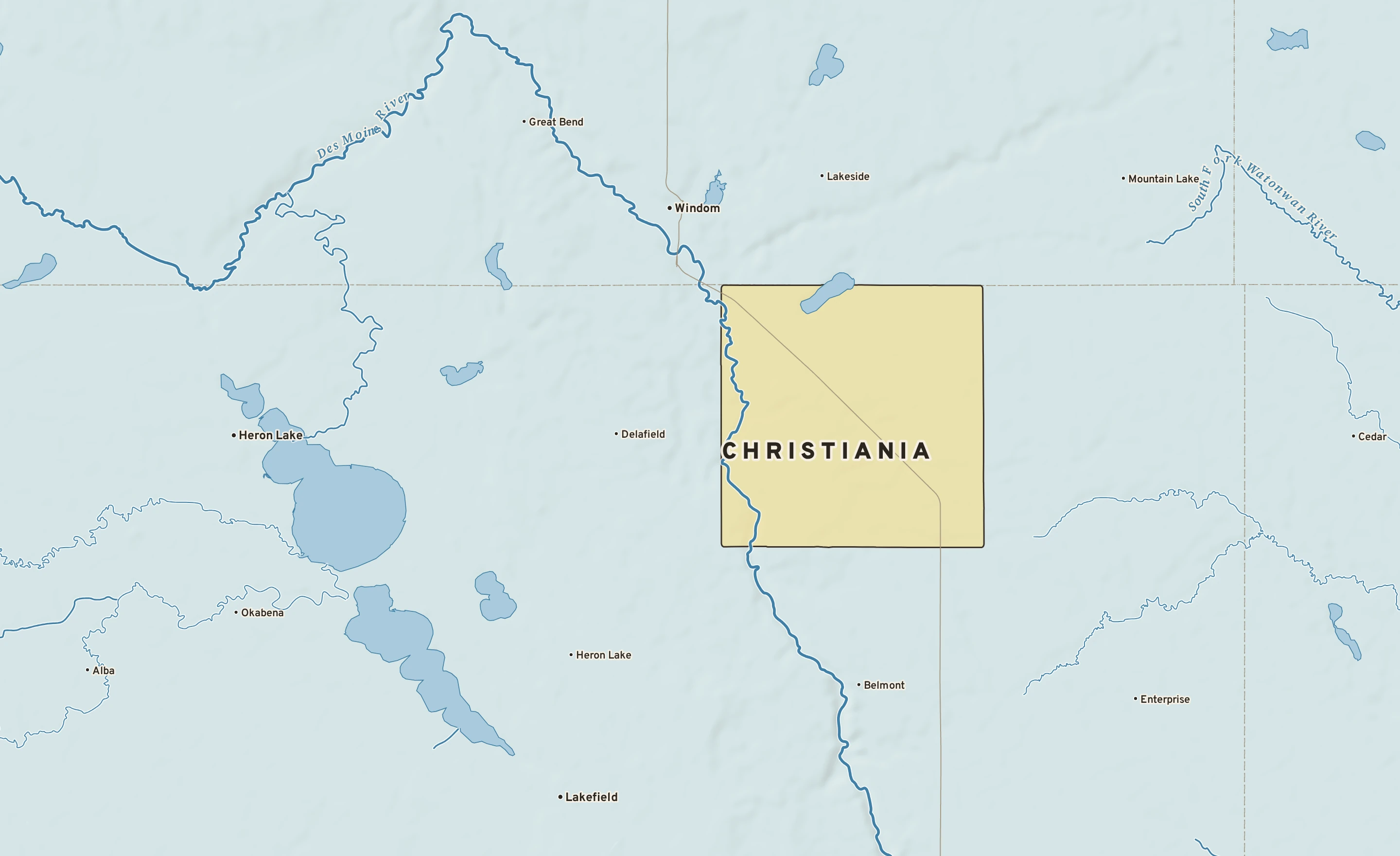Shaded-relief atlas plate of Christiania, Minnesota: rivers, roads, the city limits and where the water drains.