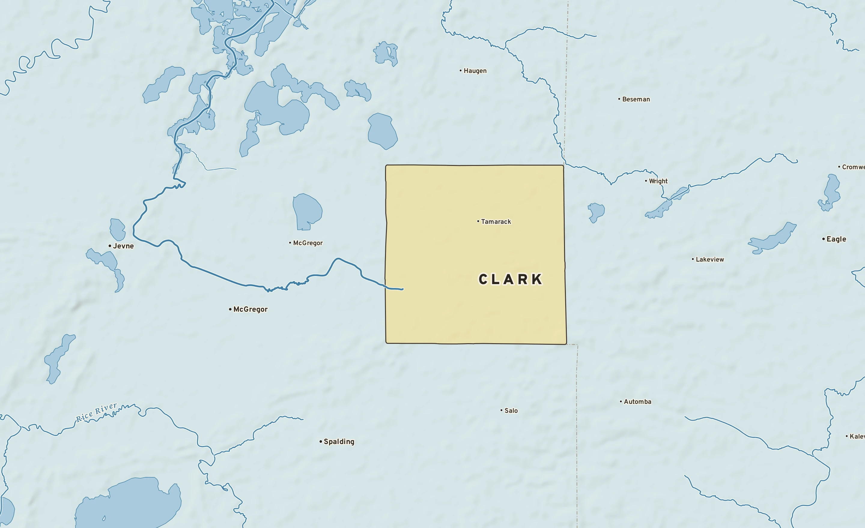 Shaded-relief atlas plate of Clark, Minnesota: rivers, roads, the city limits and where the water drains.