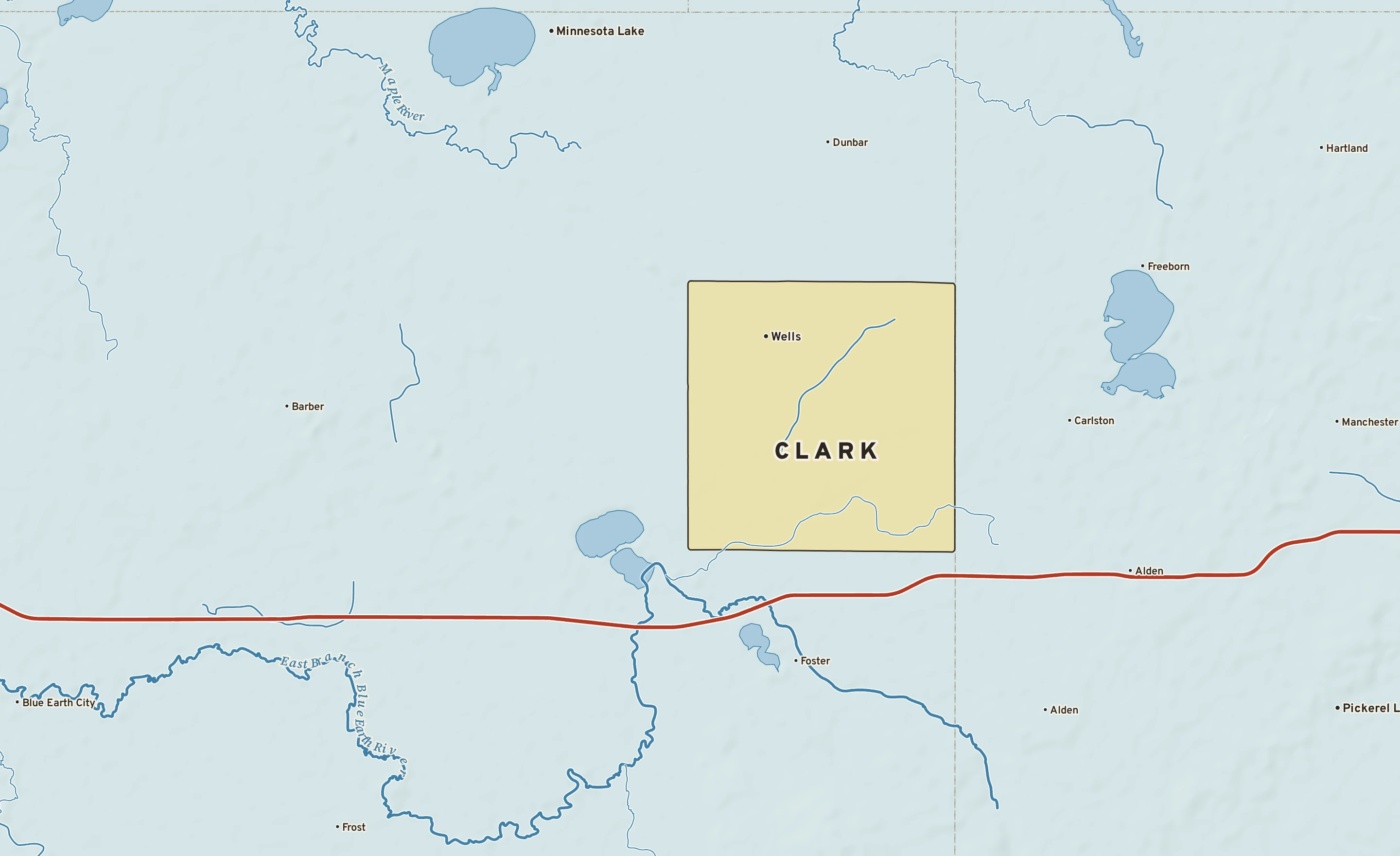 Shaded-relief atlas plate of Clark, Minnesota: rivers, roads, the city limits and where the water drains.
