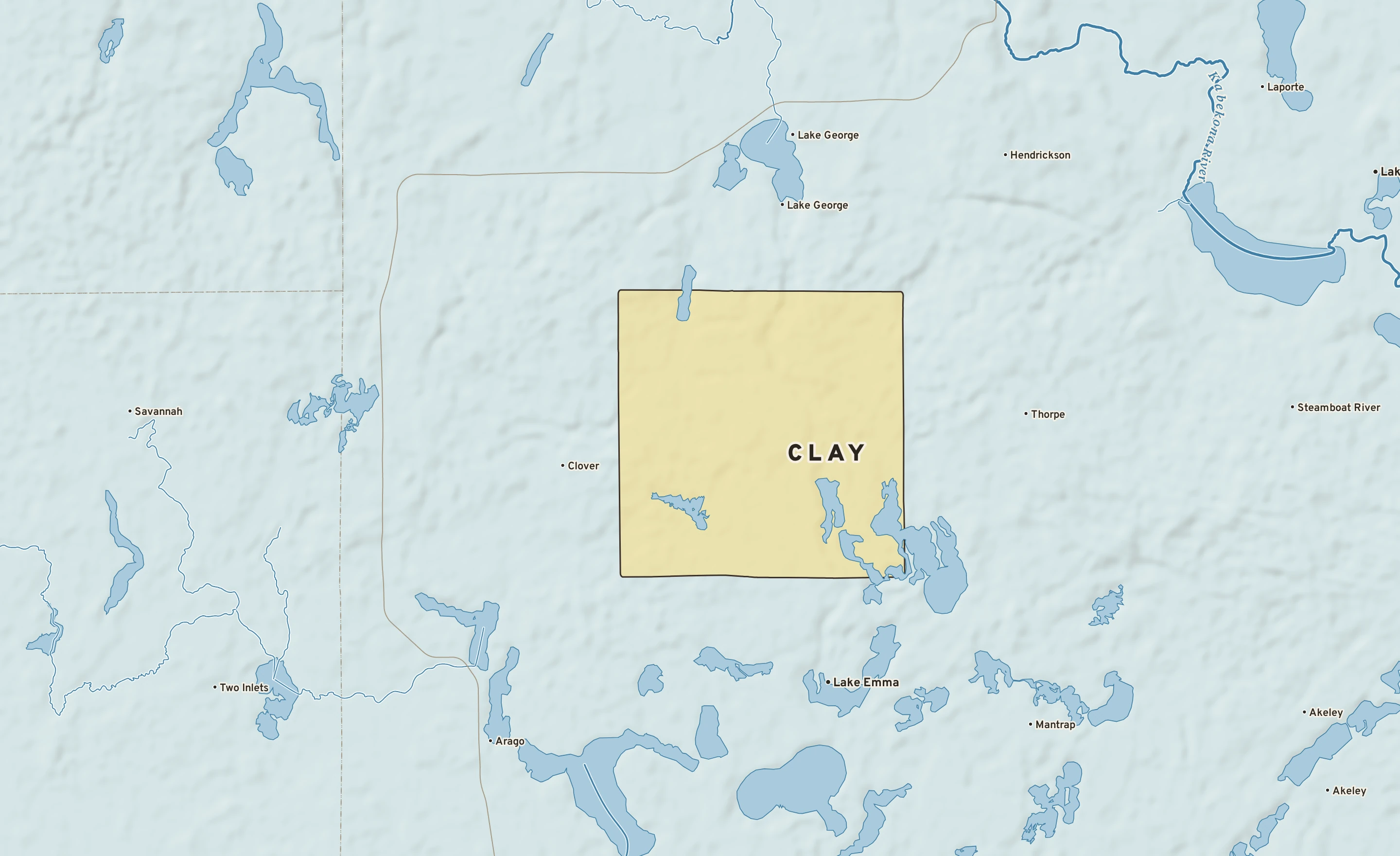 Shaded-relief atlas plate of Clay, Minnesota: rivers, roads, the city limits and where the water drains.
