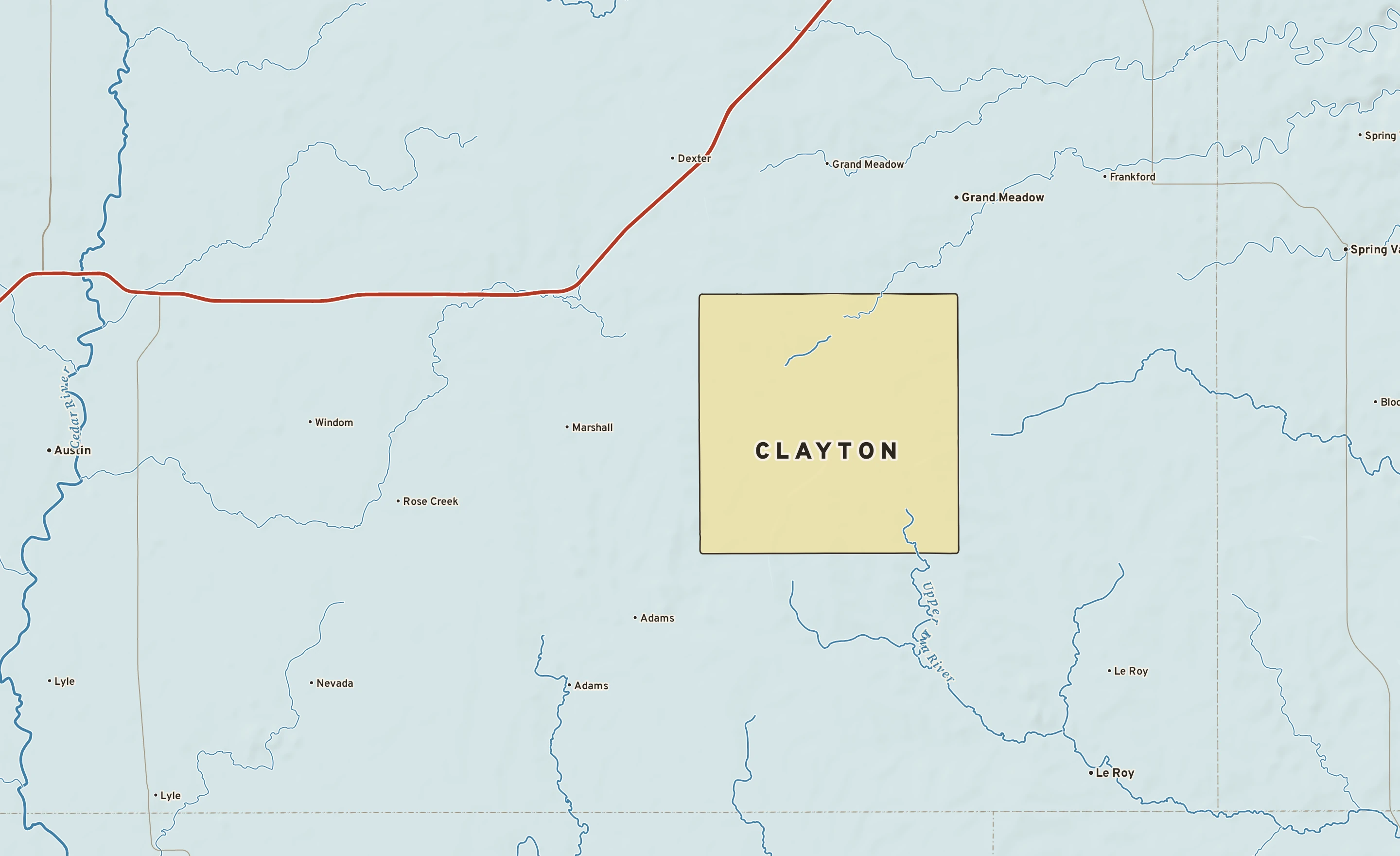 Shaded-relief atlas plate of Clayton, Minnesota: rivers, roads, the city limits and where the water drains.
