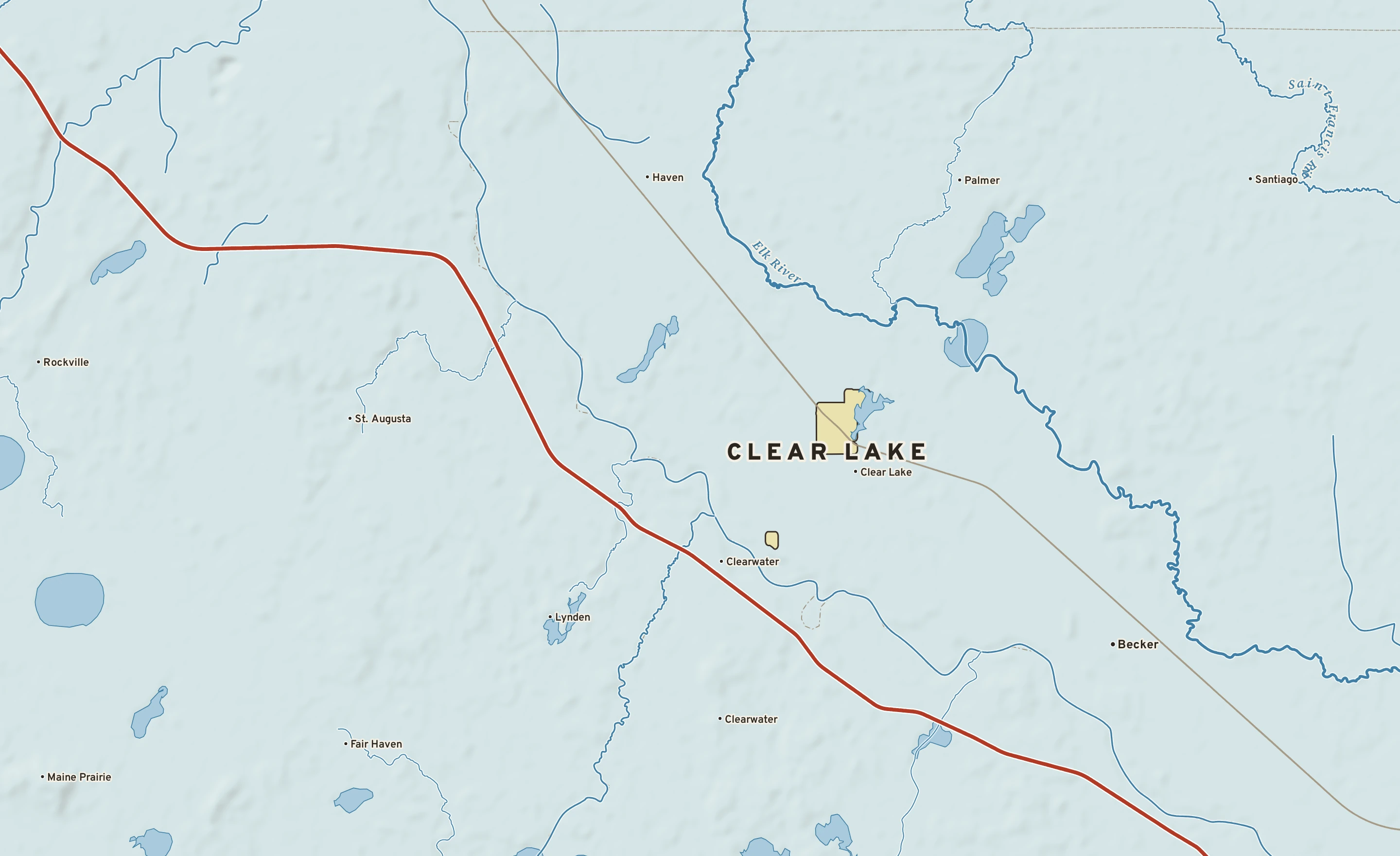 Shaded-relief atlas plate of Clear Lake, Minnesota: rivers, roads, the city limits and where the water drains.